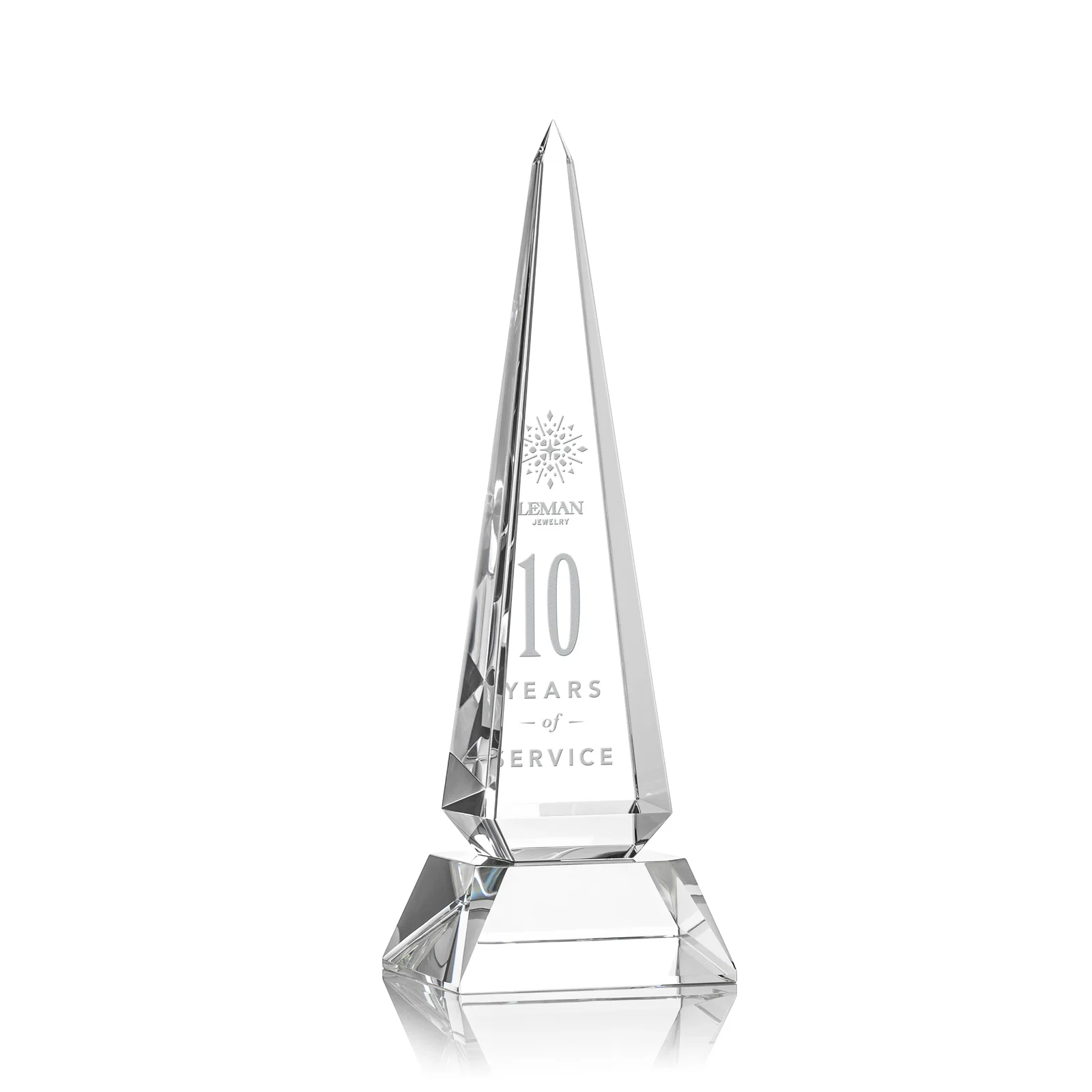 Custom Optical Crystal Obelisk Award with Stepped Taper for corporate award ceremonies