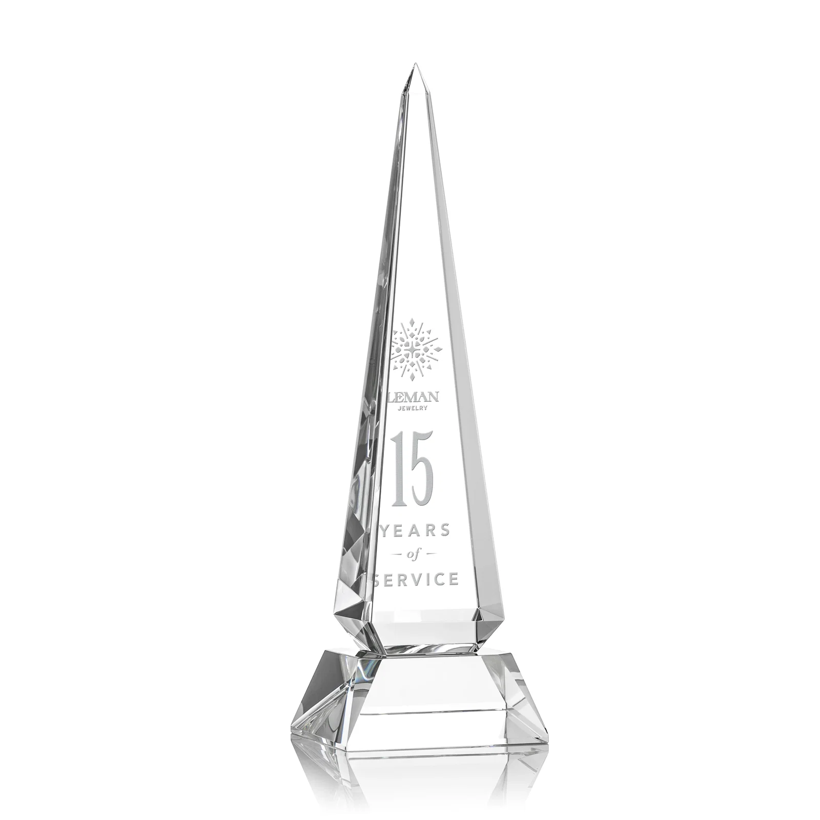 Custom Optical Crystal Obelisk Award with Stepped Taper for service anniversary gifts