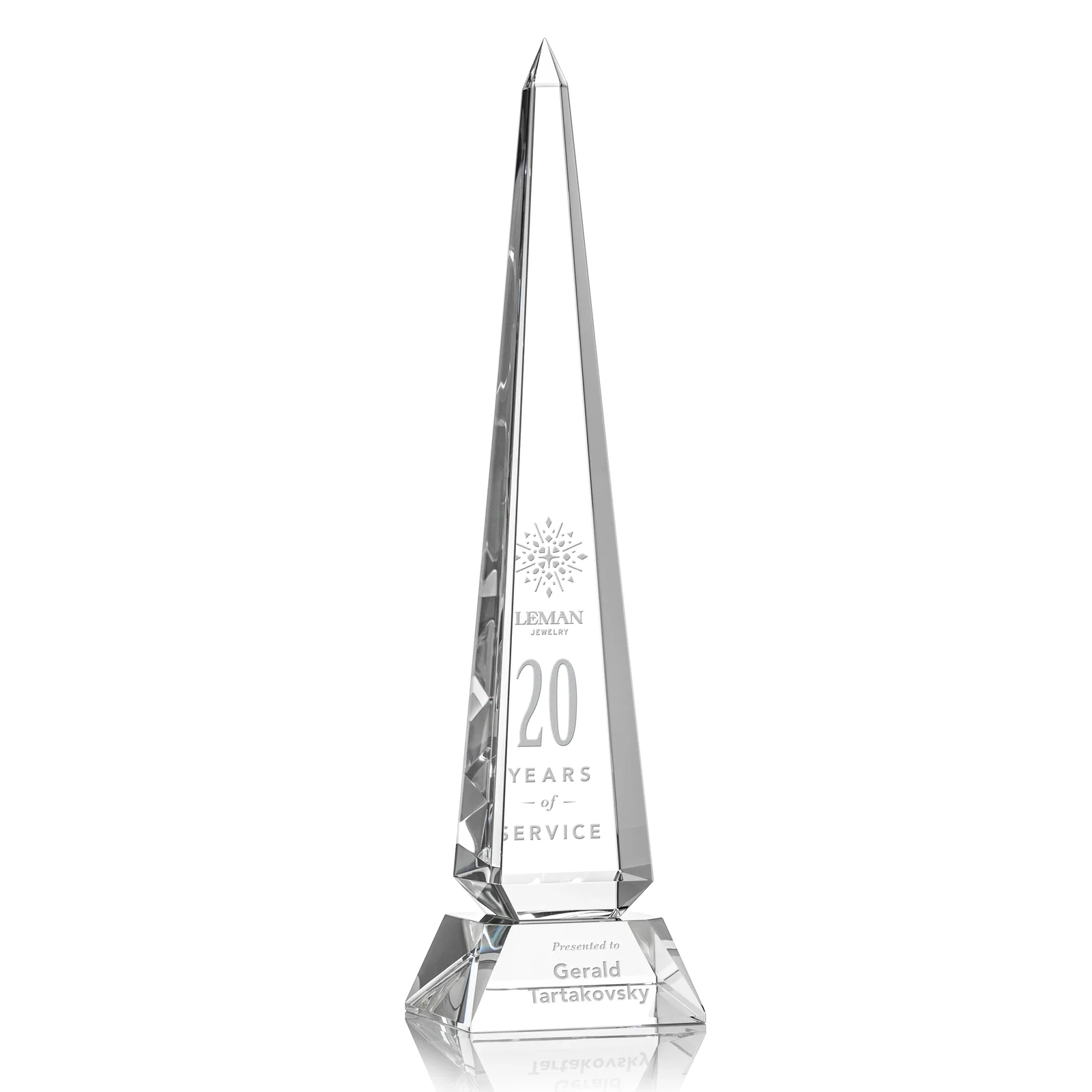 Custom Optical Crystal Obelisk Award with Stepped Taper for sales achievement awards