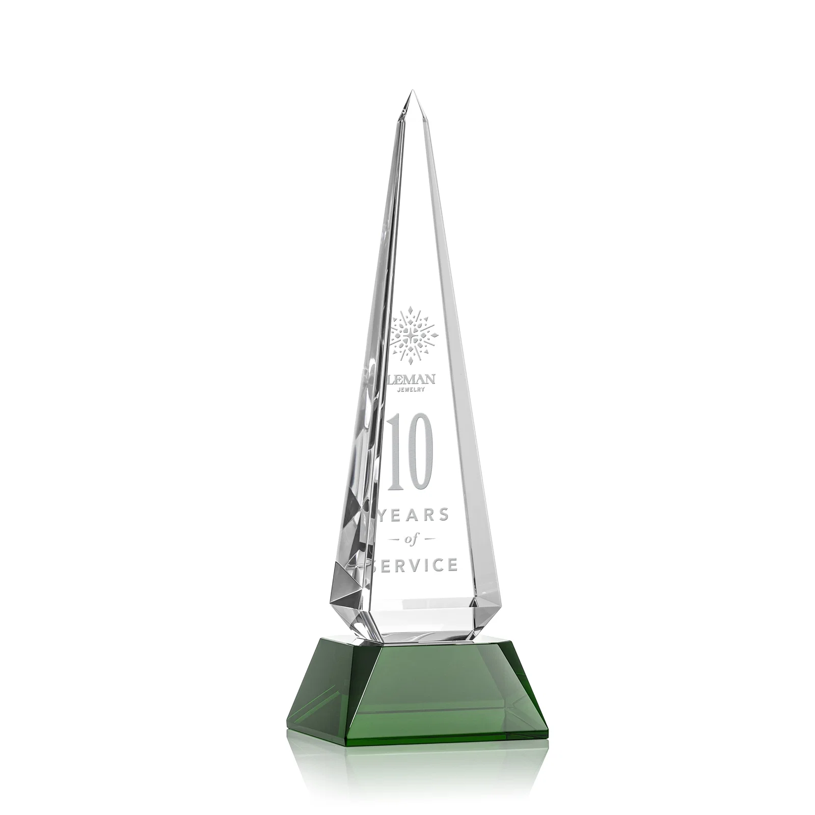 Custom Optical Crystal Obelisk Award with Stepped Taper for team milestone celebrations