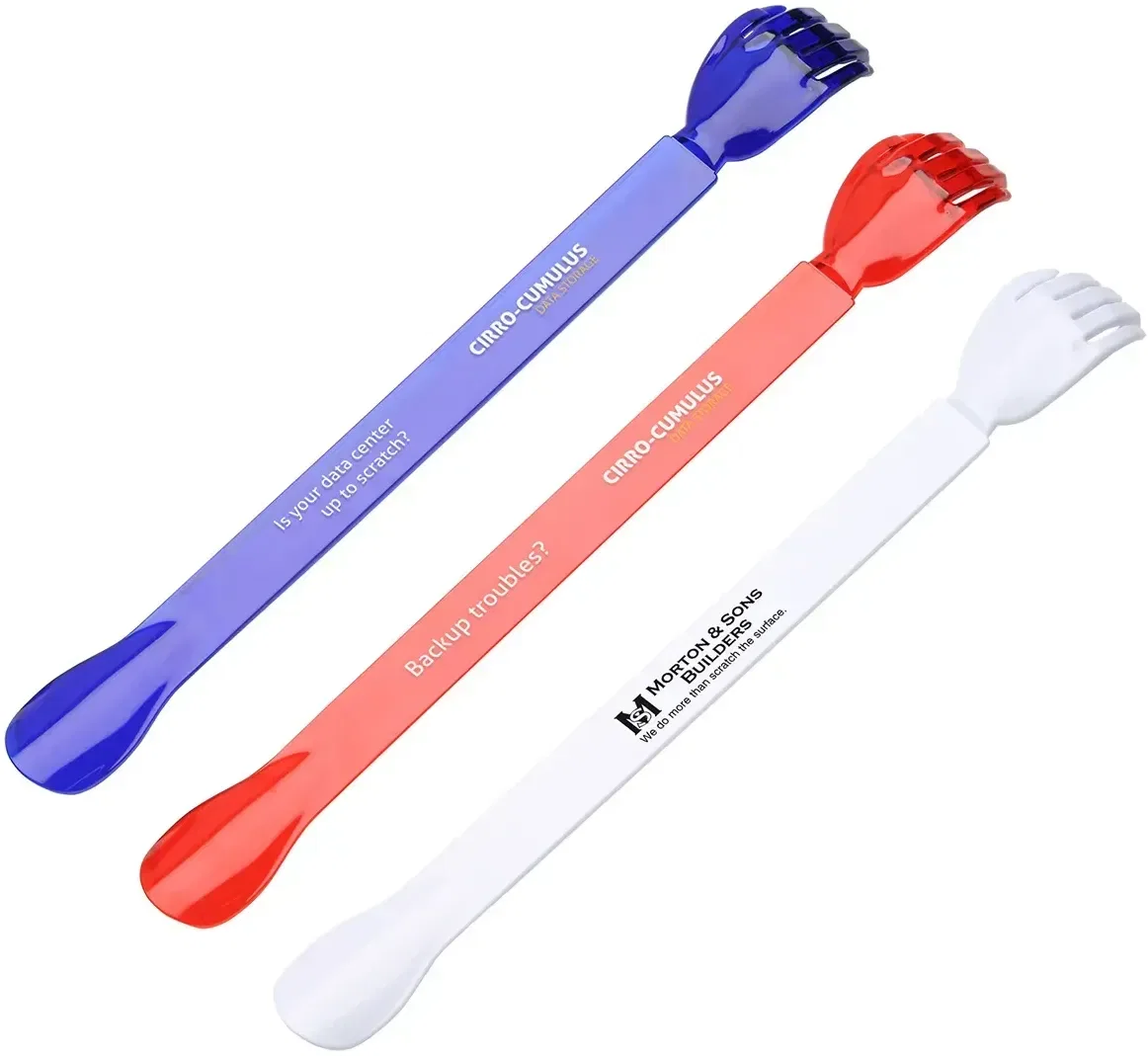 Helping Hand custom back scratcher and shoe horn, branded promotional giveaway, front view