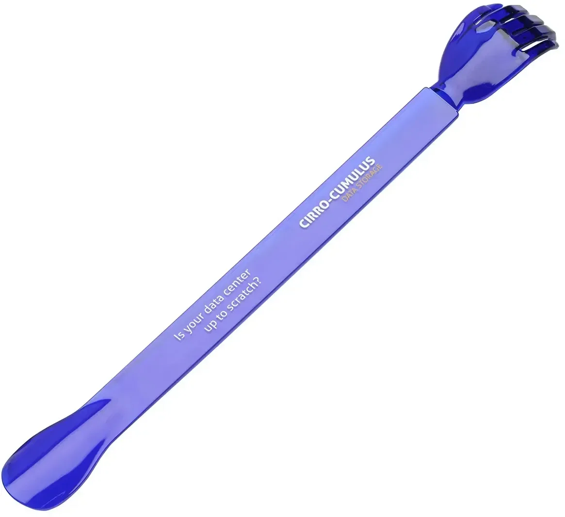 Custom Helping Hand back scratcher end showing hand-shaped tip, branded logo giveaway close-up