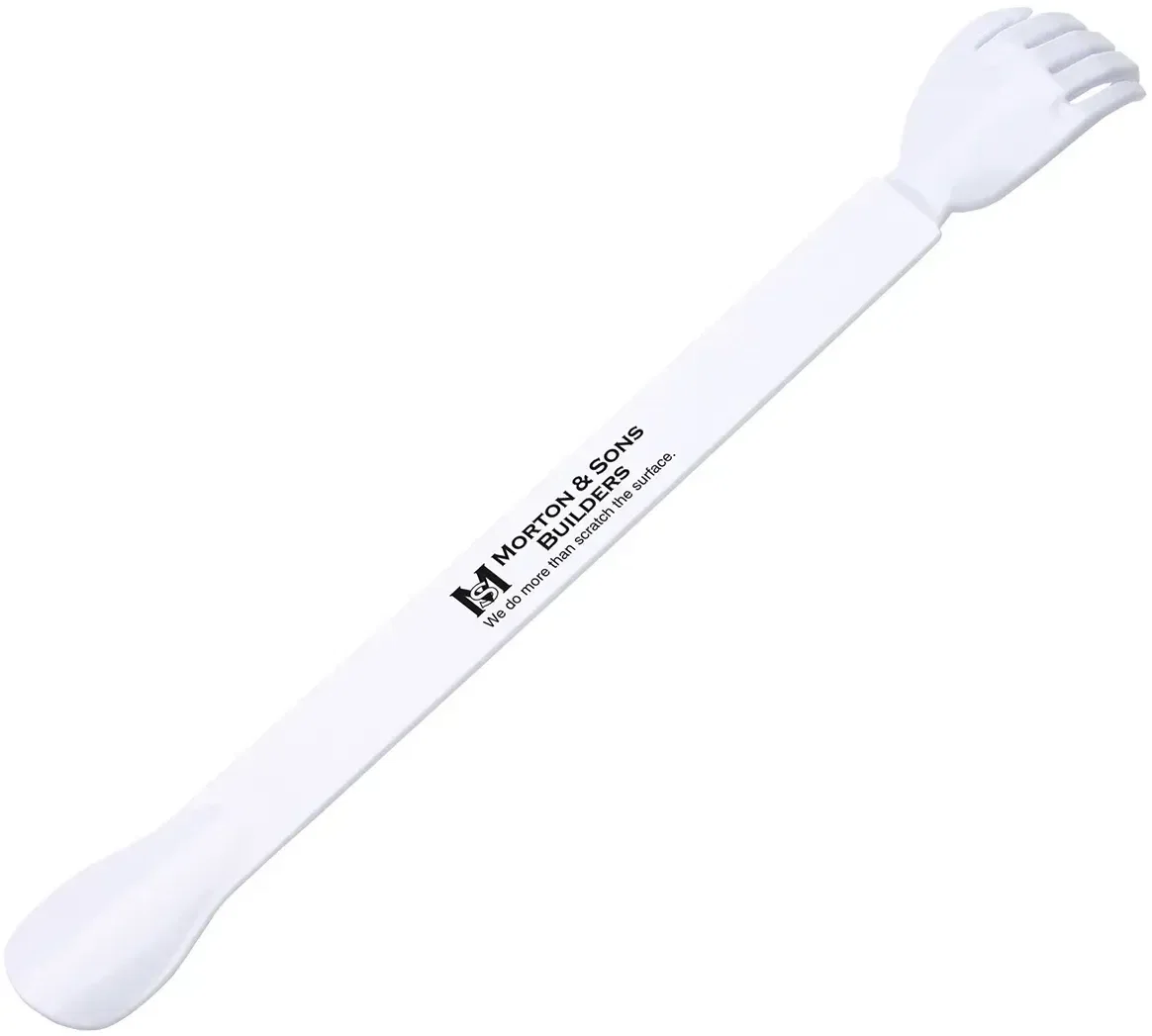 Branded Helping Hand shoe horn end detail, promotional dual-sided tool side view