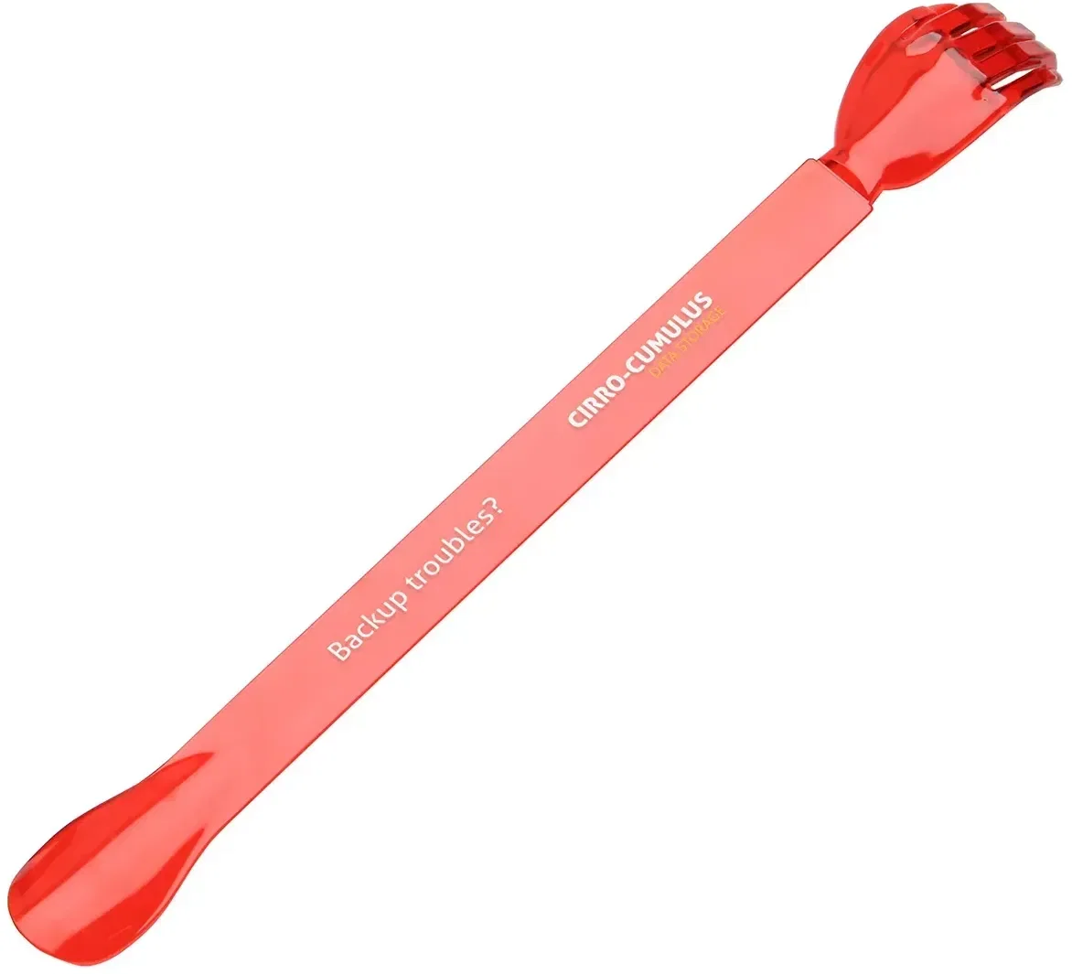 Promotional Helping Hand back scratcher and shoe horn in use, branded giveaway lifestyle shot
