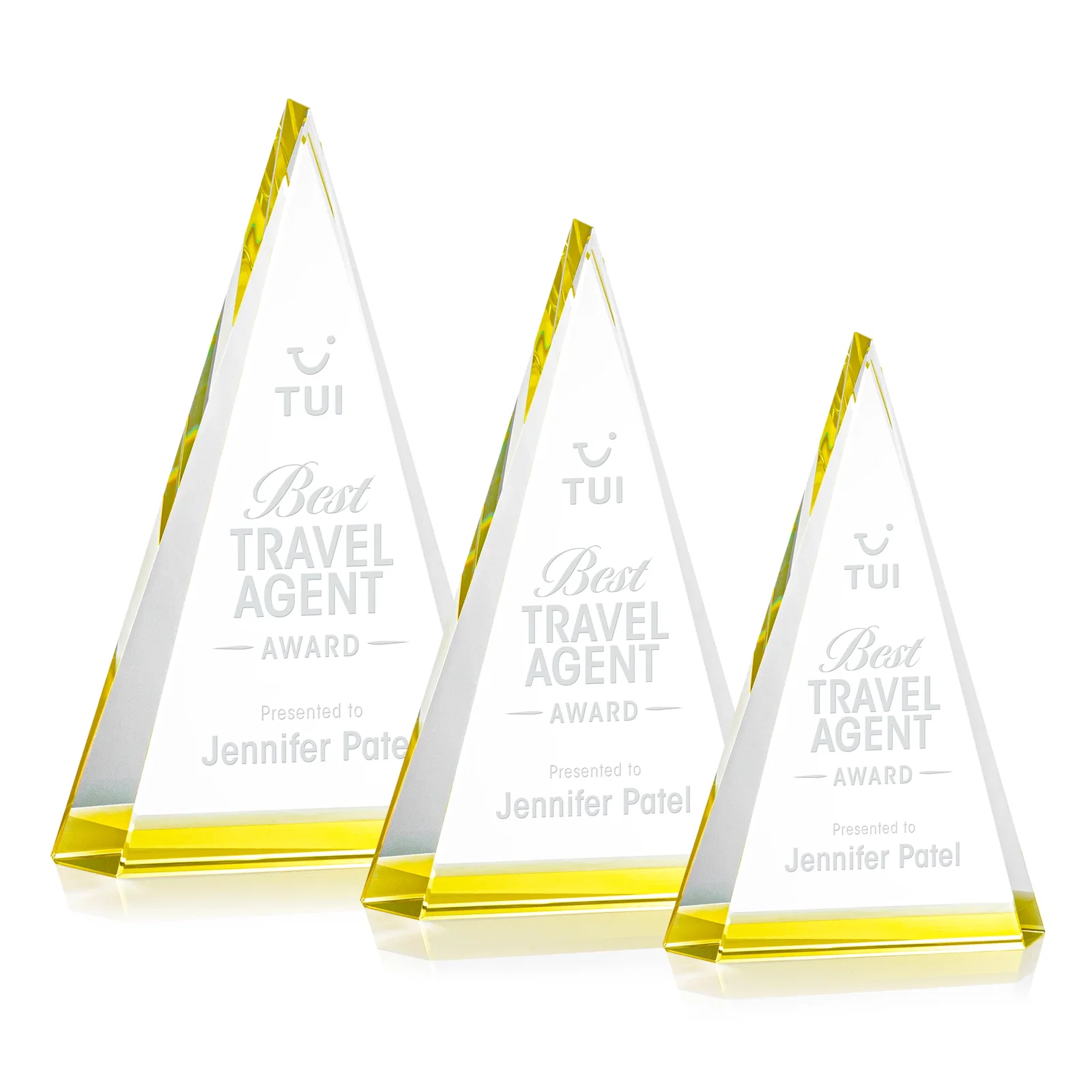 Custom Optical Crystal Triangle Award in Five Colors for volunteer appreciation