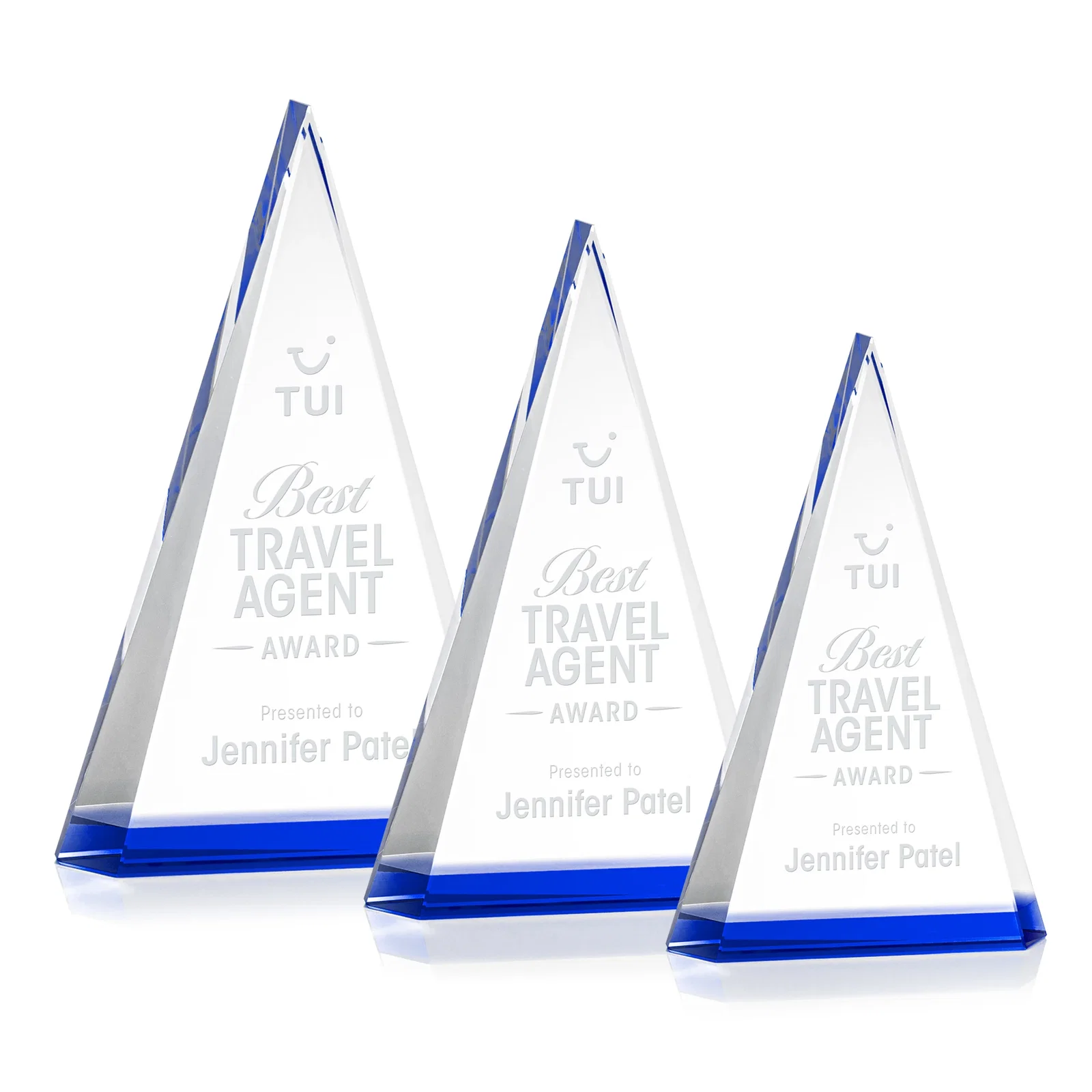 Personalized Optical Crystal Triangle Award in Five Colors for corporate award ceremonies