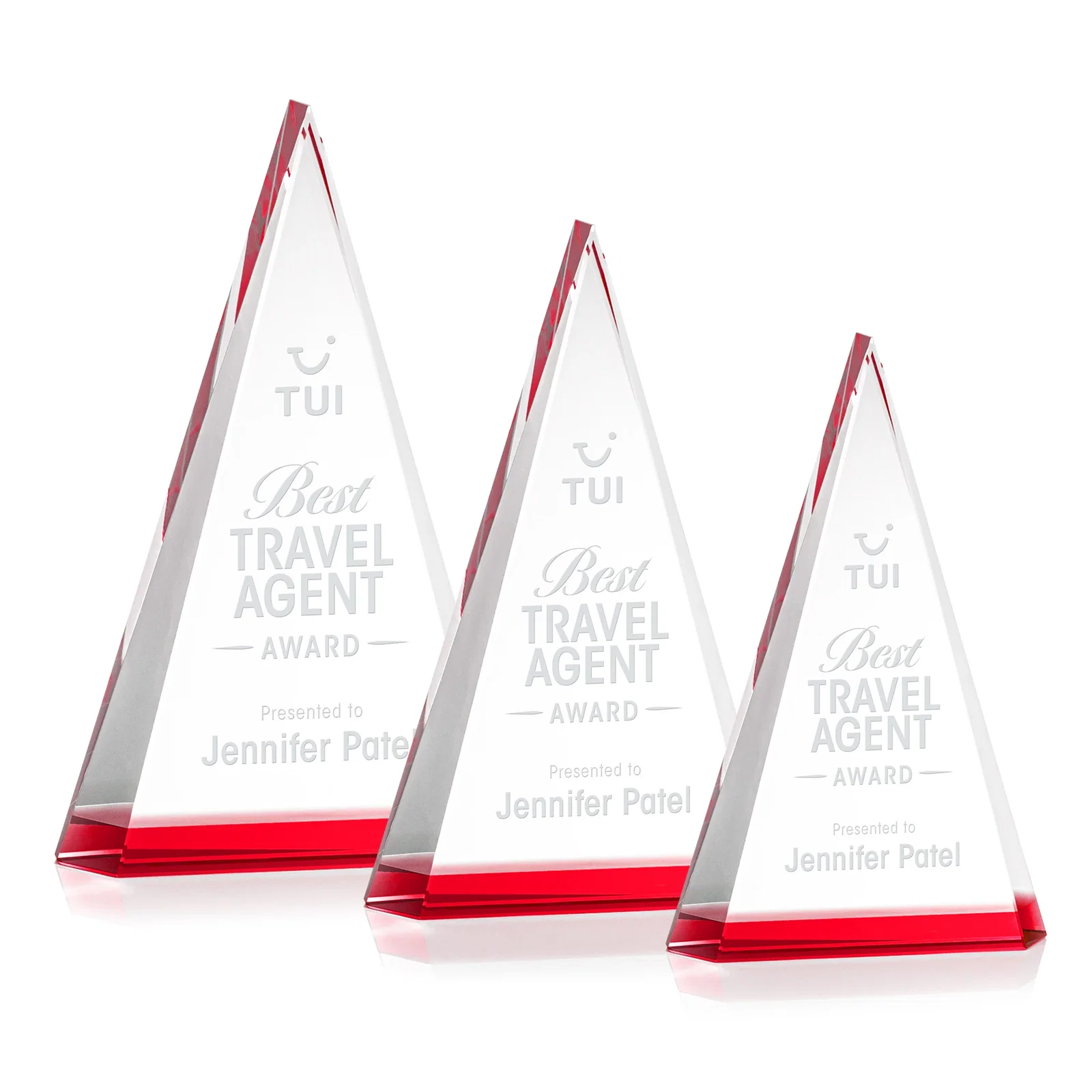 Personalized Optical Crystal Triangle Award in Five Colors for team milestone celebrations