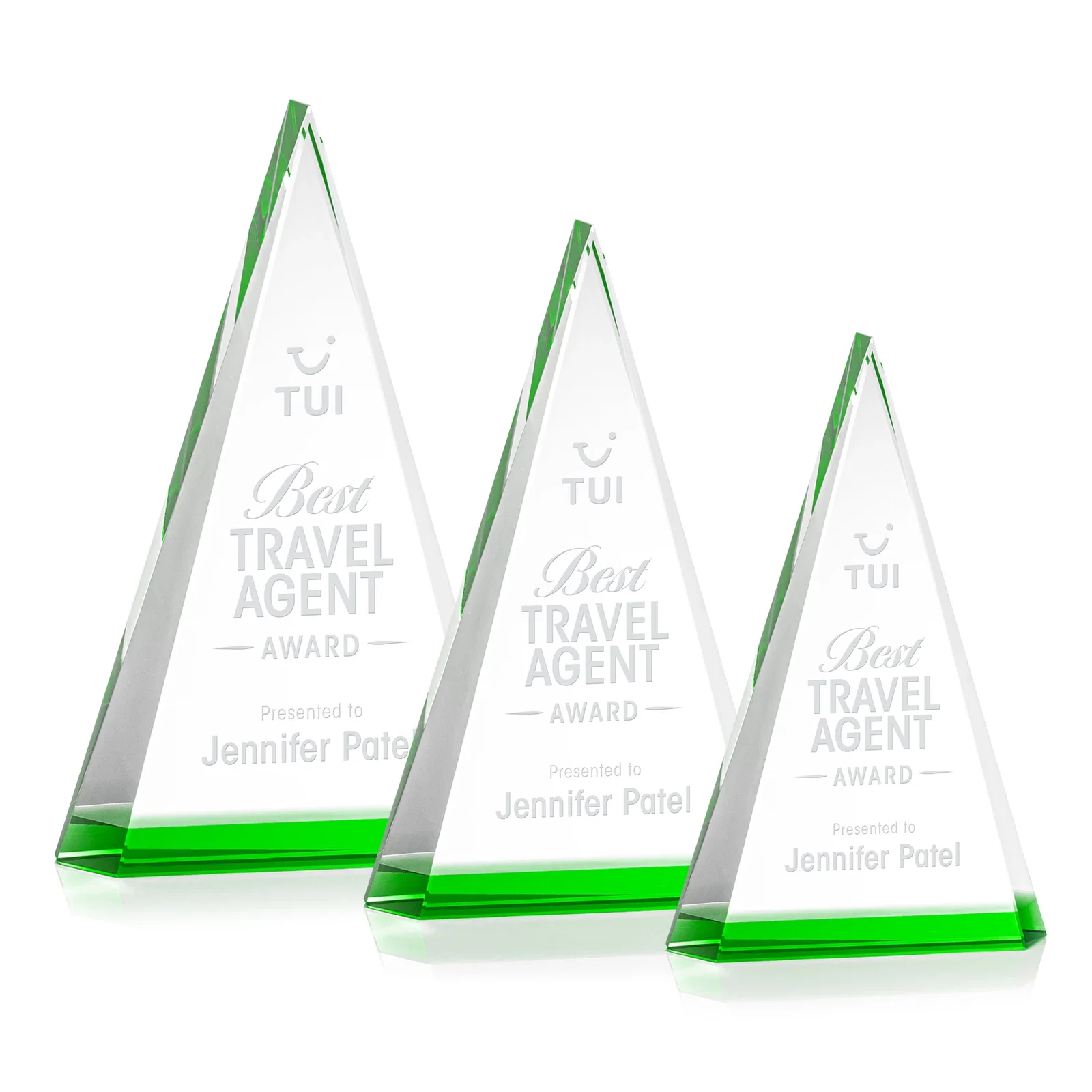 Custom Optical Crystal Triangle Award in Five Colors for retirement presentations
