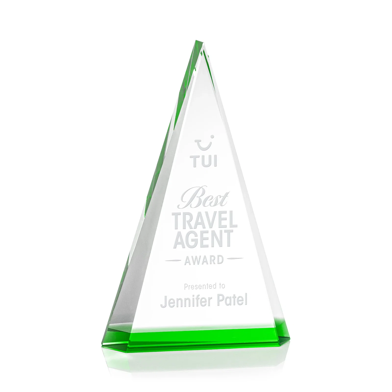 Custom Optical Crystal Triangle Award in Five Colors for donor appreciation