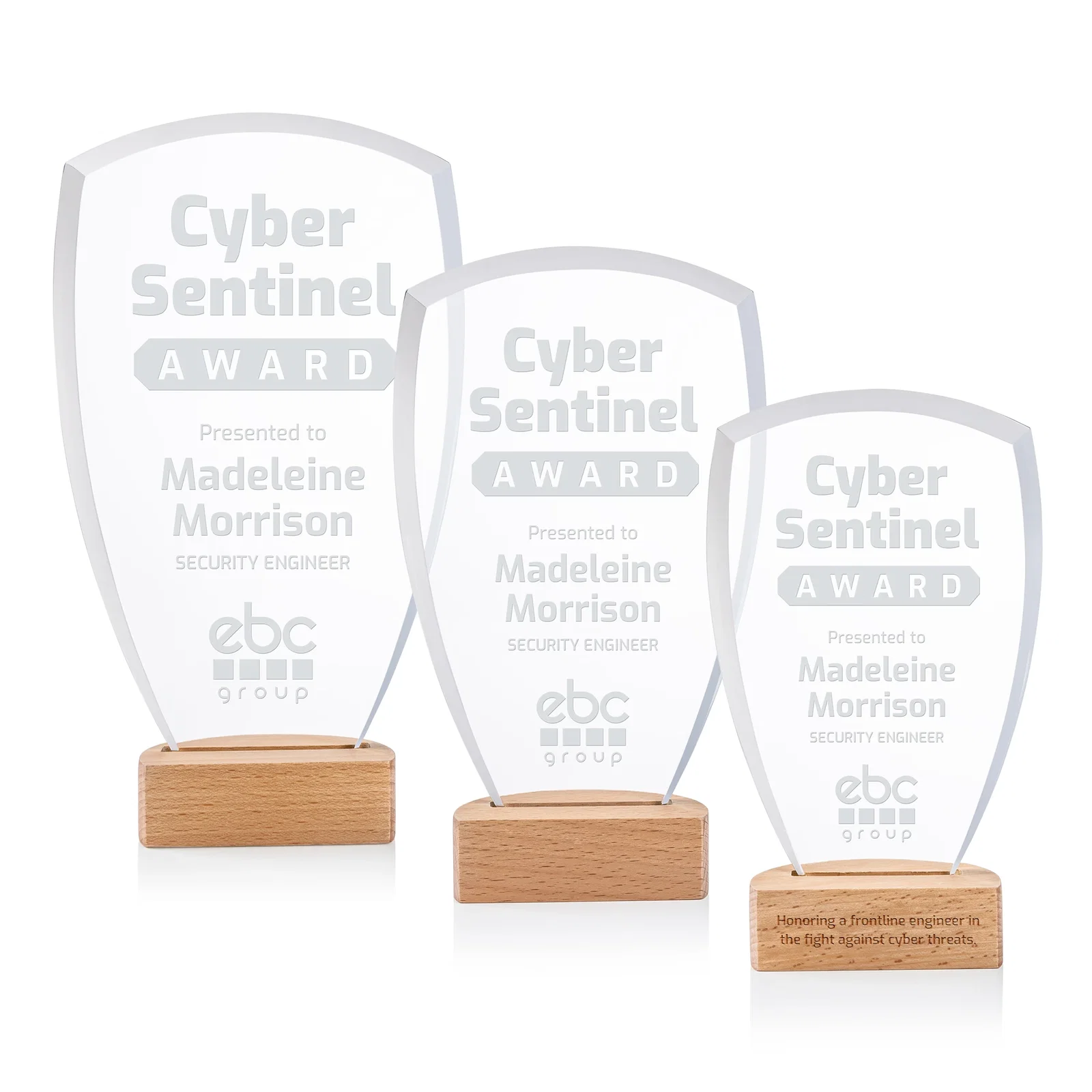 Custom Starfire Crystal Shield Award on Beechwood Base for employee recognition