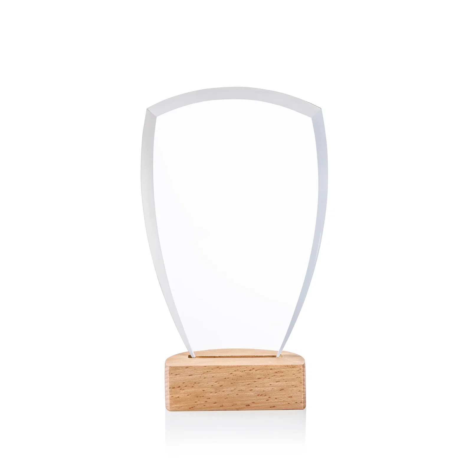 Custom Starfire Crystal Shield Award on Beechwood Base for dealer and partner awards