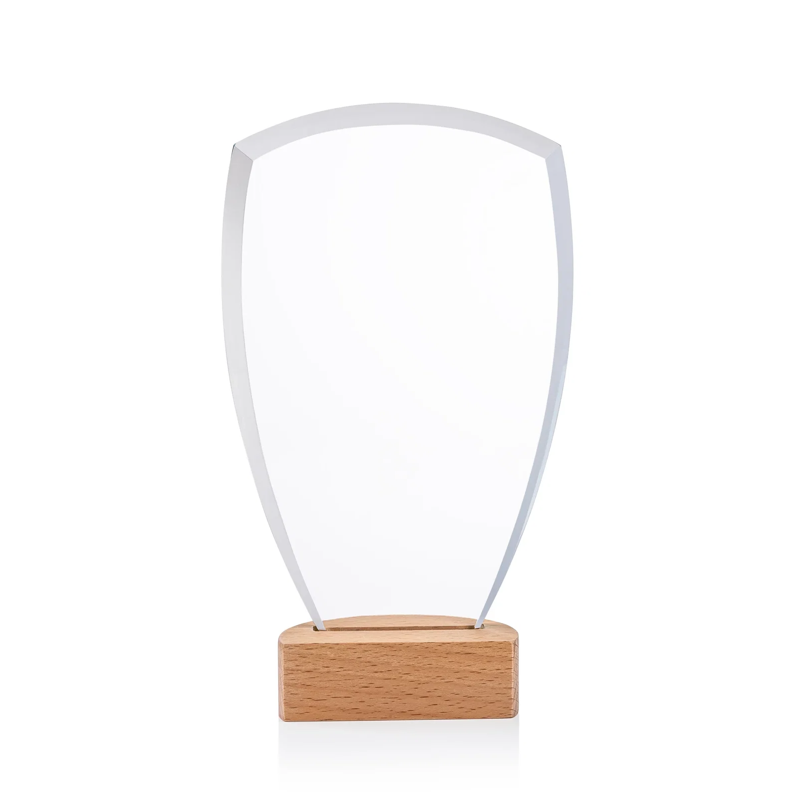 Custom Starfire Crystal Shield Award on Beechwood Base for company anniversary events