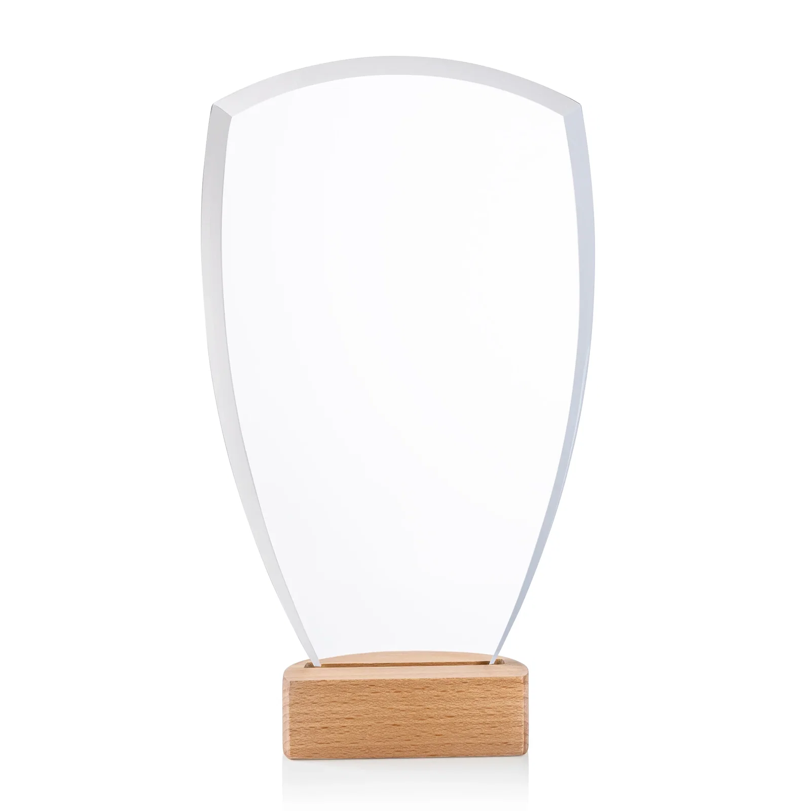 Personalized Starfire Crystal Shield Award on Beechwood Base for employee recognition