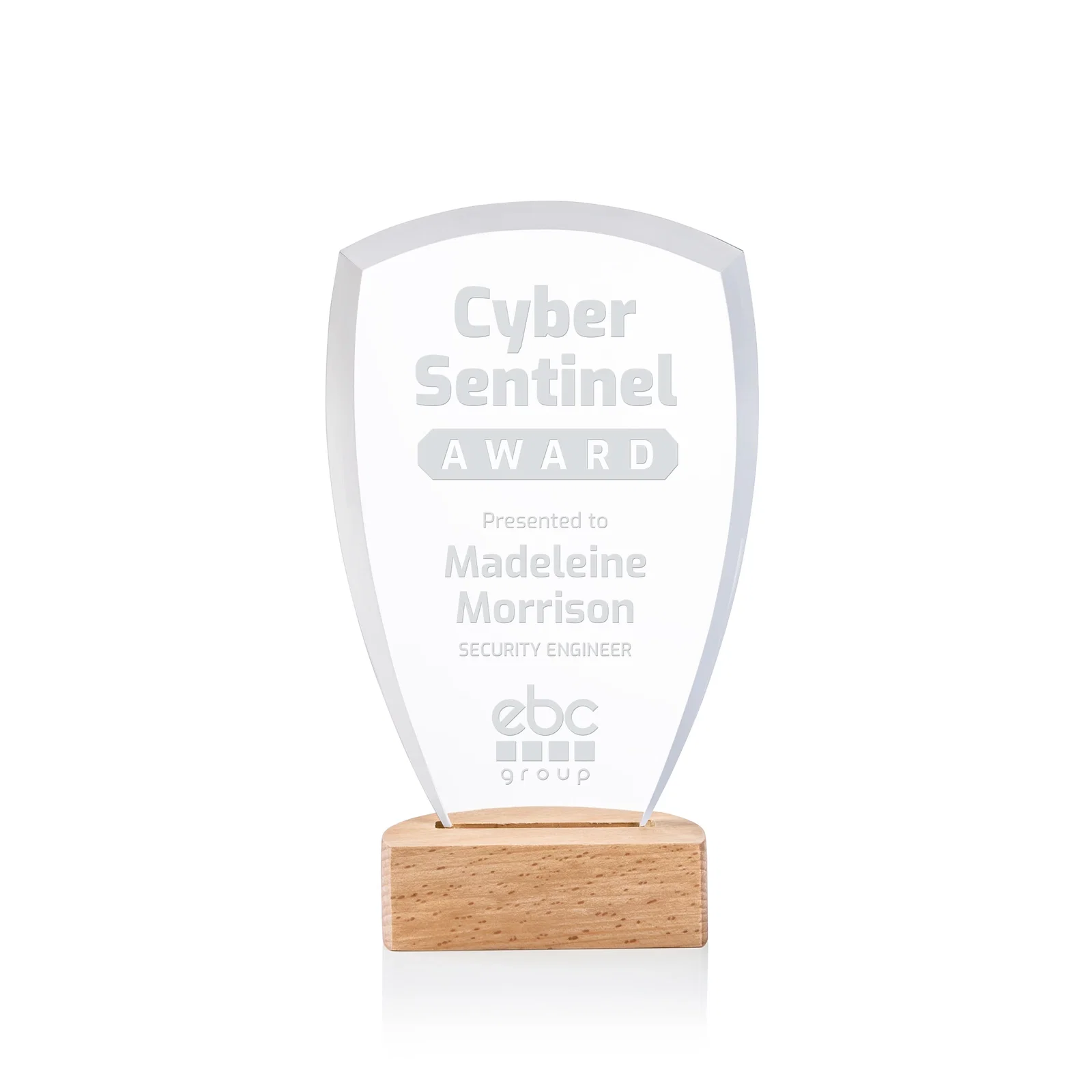 Custom Starfire Crystal Shield Award on Beechwood Base for corporate award ceremonies