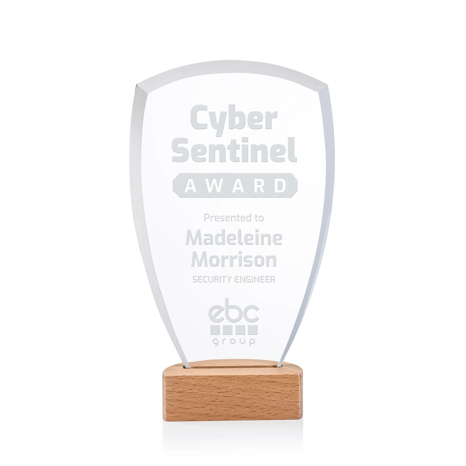 Custom Starfire Crystal Shield Award on Beechwood Base for service anniversary gifts