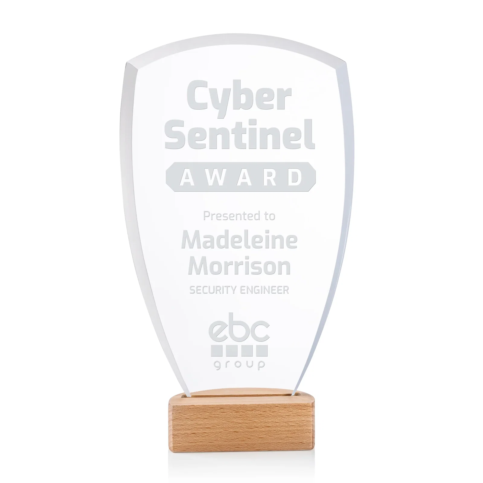 Custom Starfire Crystal Shield Award on Beechwood Base for sales achievement awards