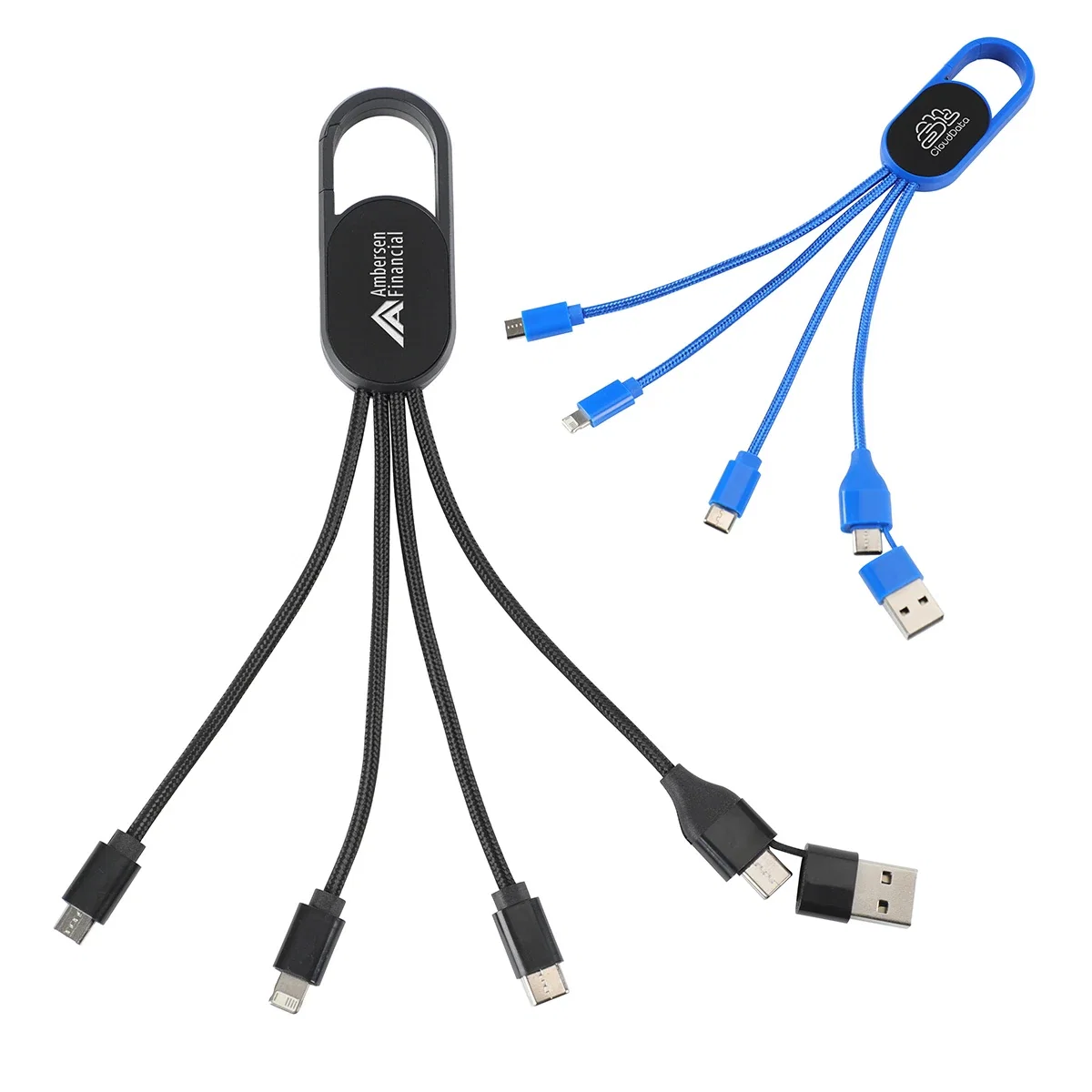 Custom Hex 6-in-1 Light-Up Charging Cable, front view of the branded cable with carabiner clip