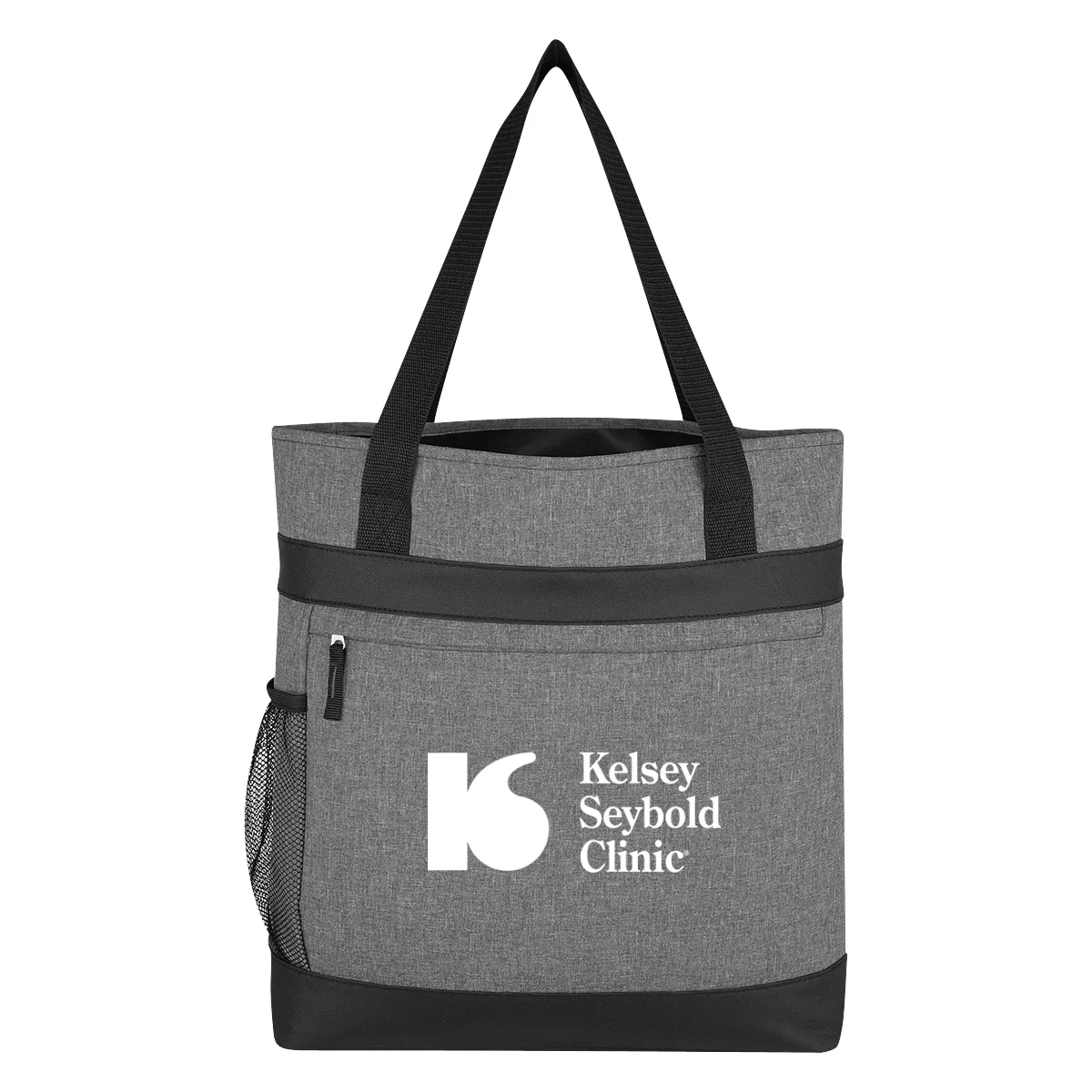 Gray outing tote bag with black trim, shown upright