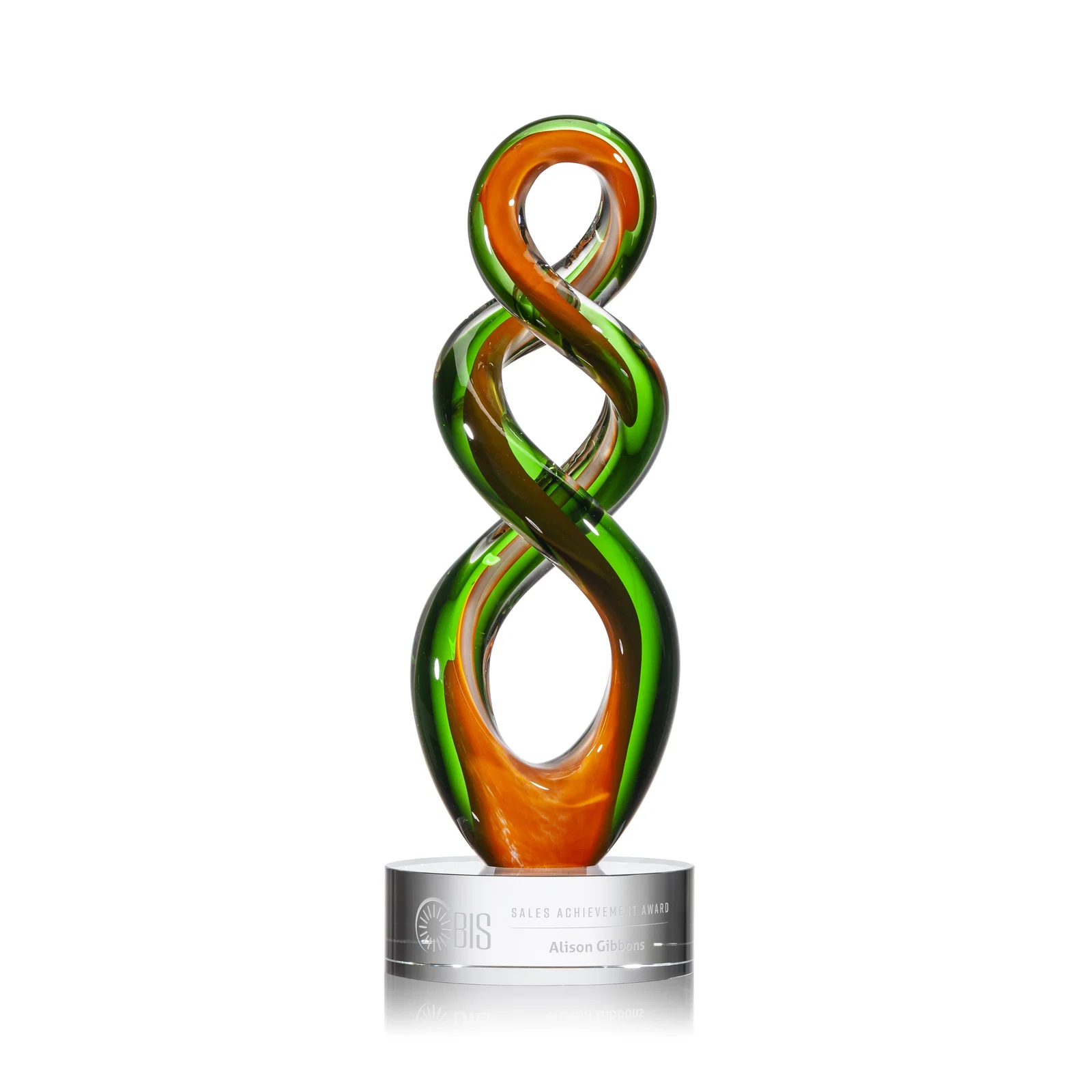 Custom Emerald and Amber Hand-Blown Closed-Form Spiral Tower Award, glass awards for corporate award ceremonies