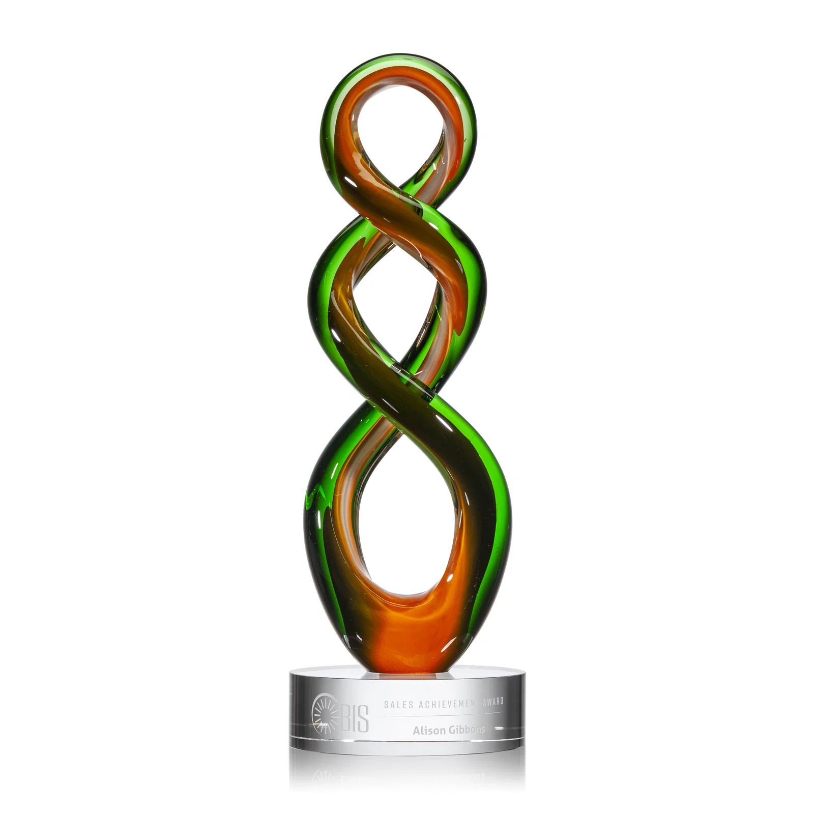Custom Emerald and Amber Hand-Blown Closed-Form Spiral Tower Award, glass awards for service anniversary gifts