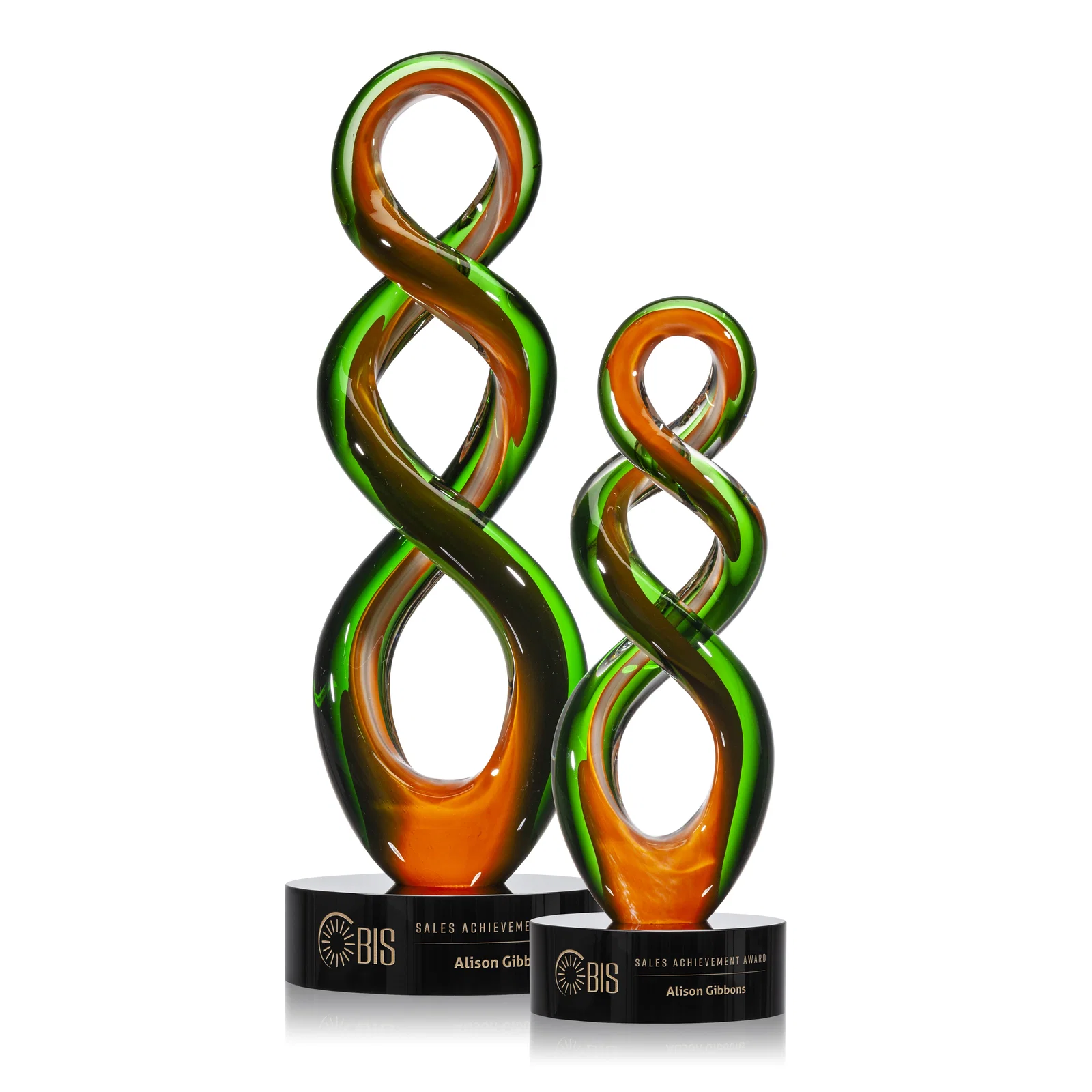 Custom Emerald and Amber Hand-Blown Closed-Form Spiral Tower Award, glass awards for sales achievement awards