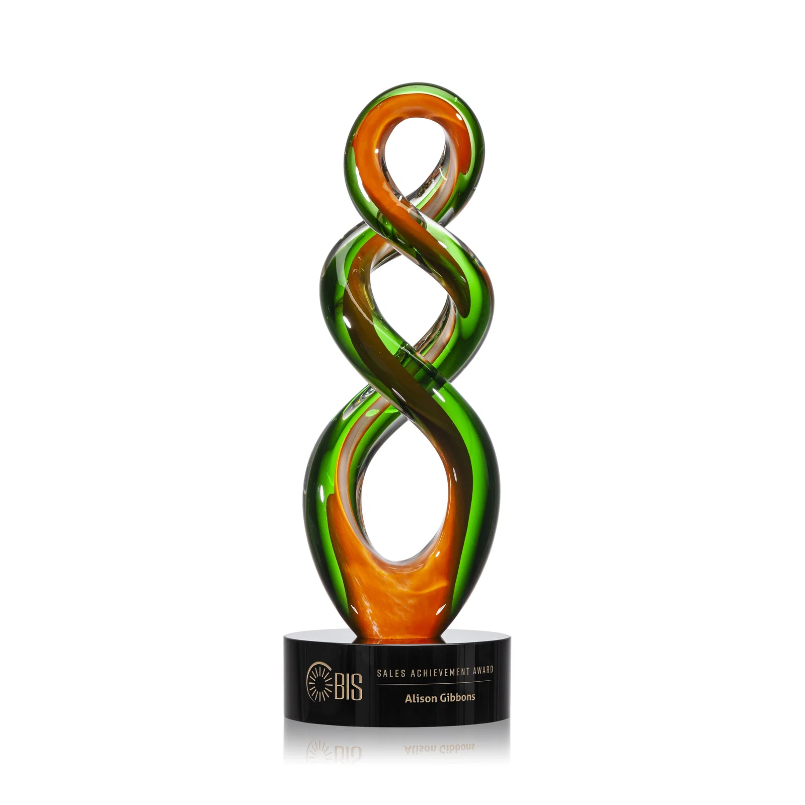 Custom Emerald and Amber Hand-Blown Closed-Form Spiral Tower Award, glass awards for retirement presentations