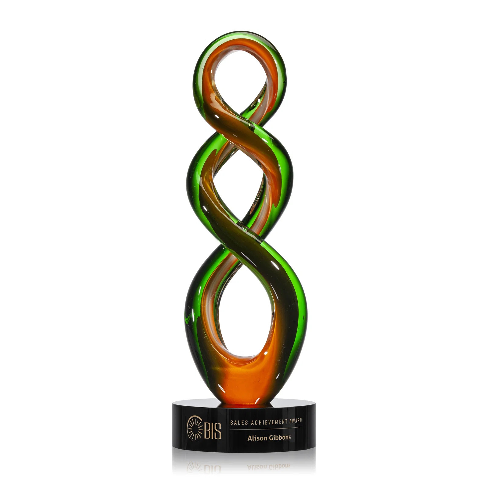 Custom Emerald and Amber Hand-Blown Closed-Form Spiral Tower Award, glass awards for team milestone celebrations