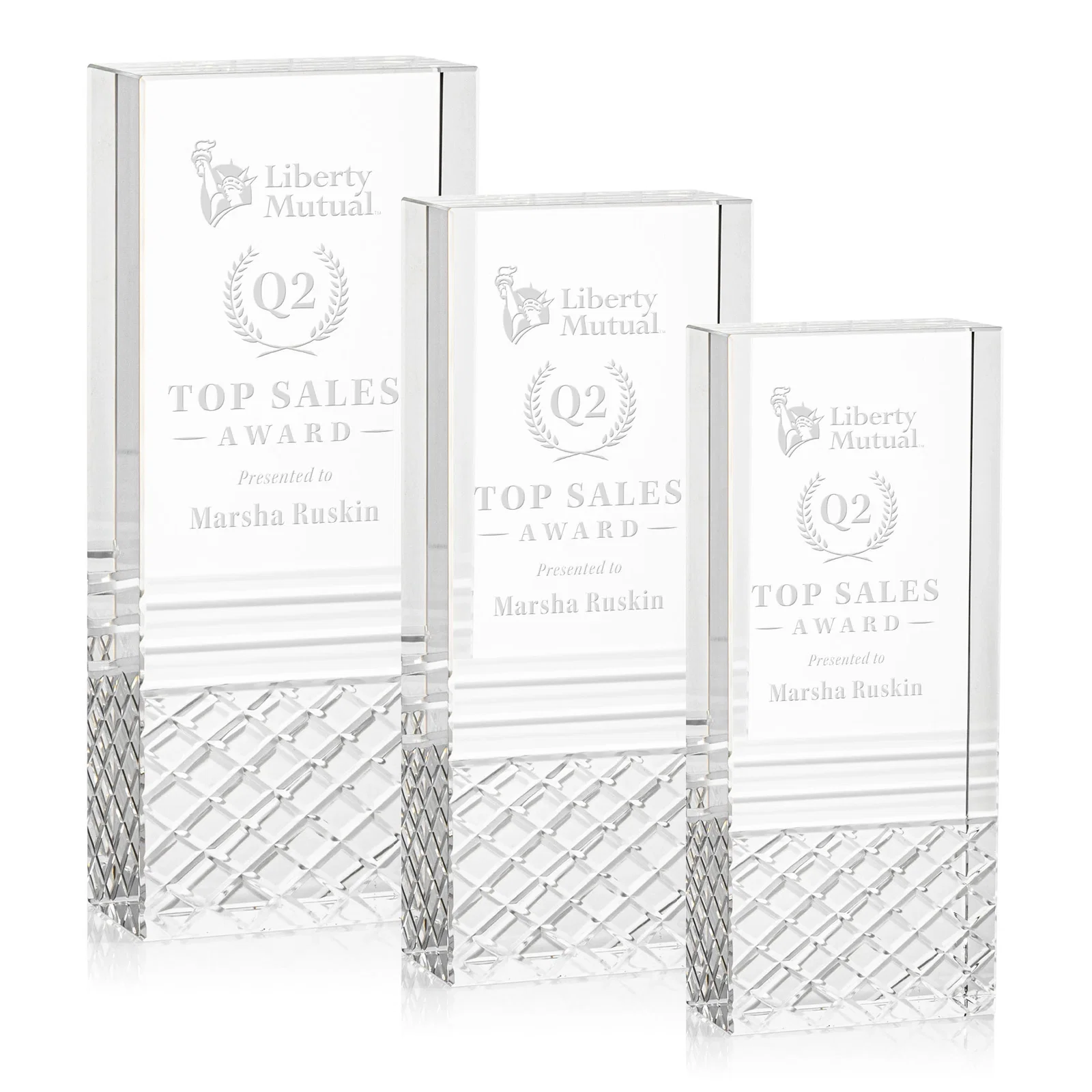 Custom Freestanding Optical Crystal Tower Award with Argyle-Pattern Base, awards for employee recognition