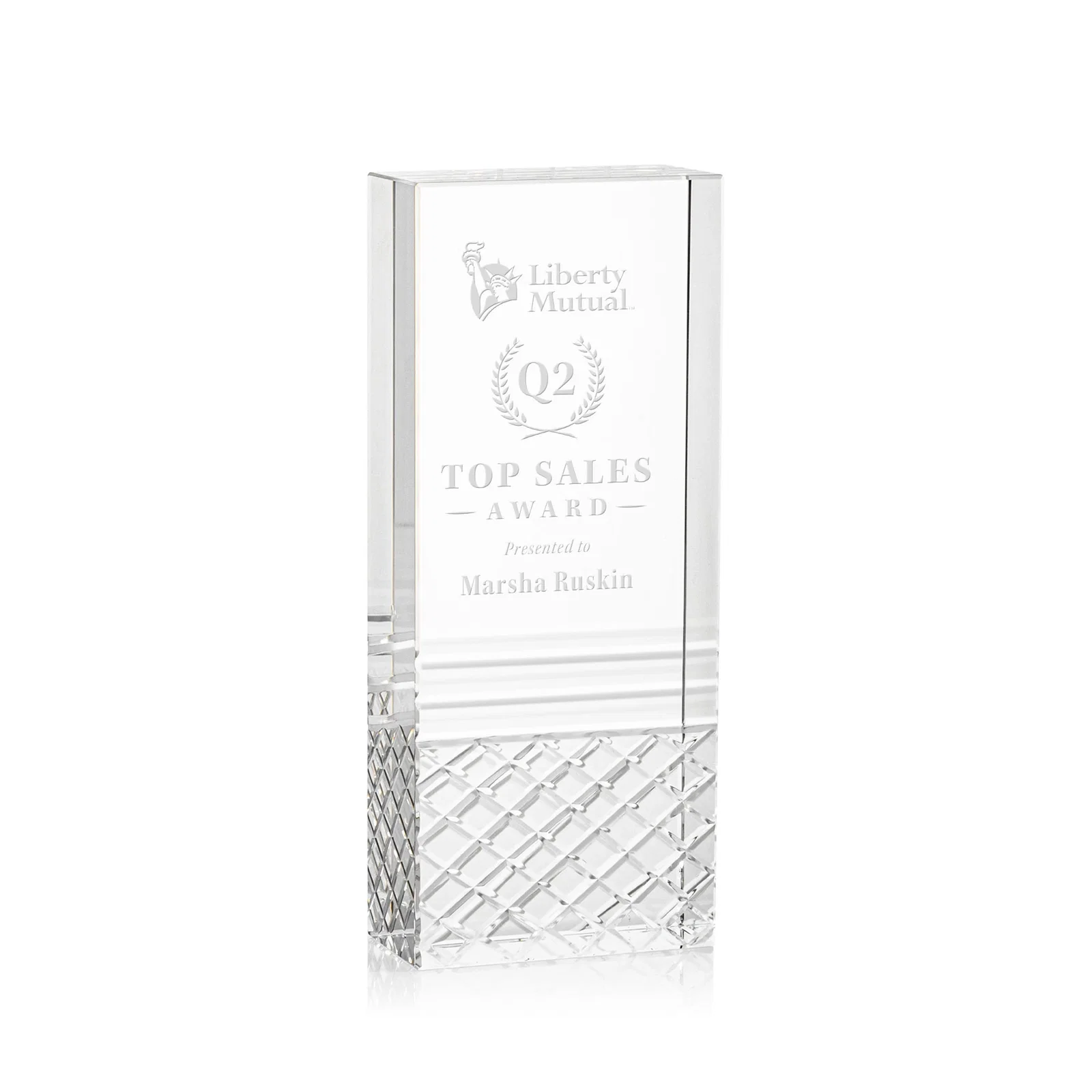 Custom Freestanding Optical Crystal Tower Award with Argyle-Pattern Base, awards for corporate award ceremonies