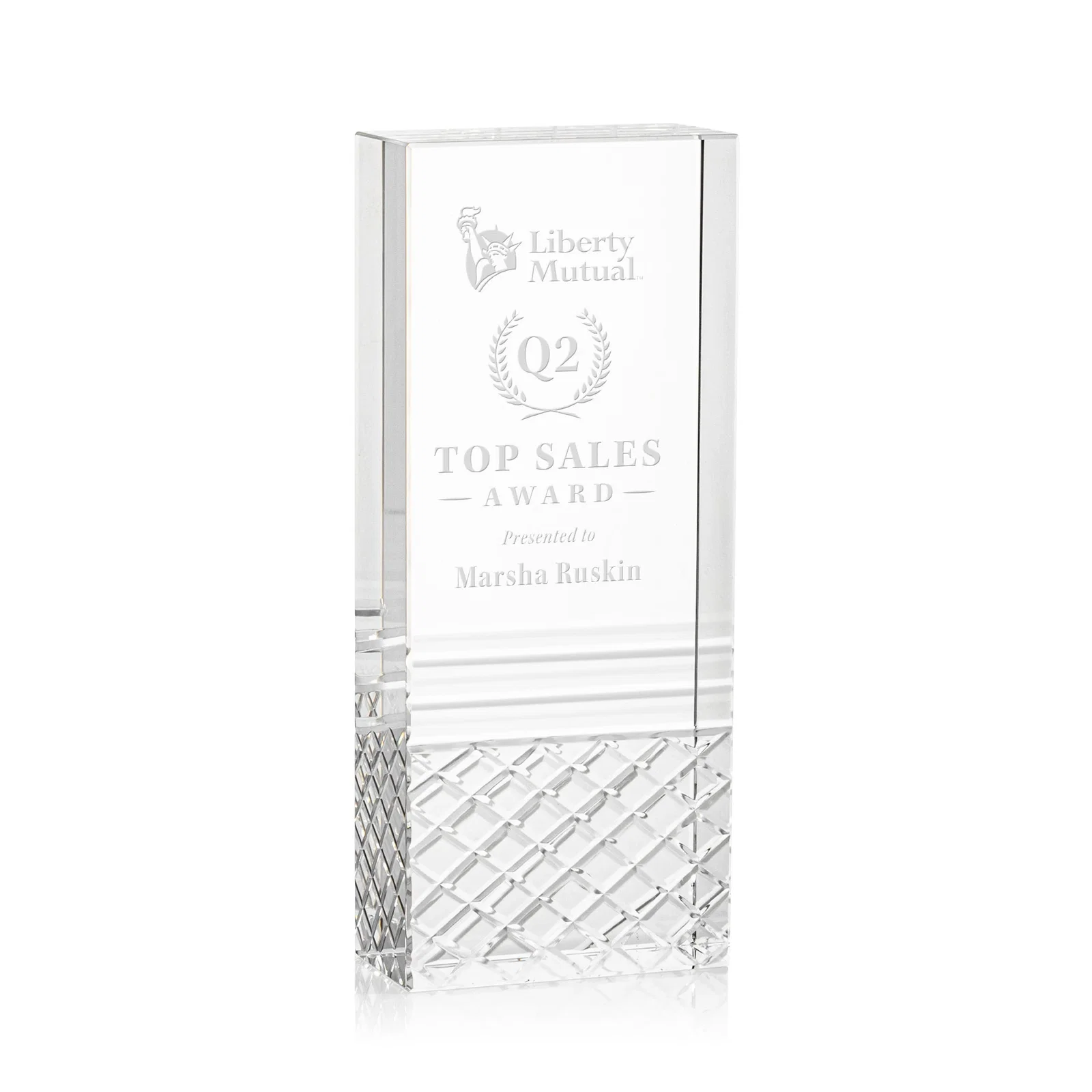 Custom Freestanding Optical Crystal Tower Award with Argyle-Pattern Base, awards for service anniversary gifts