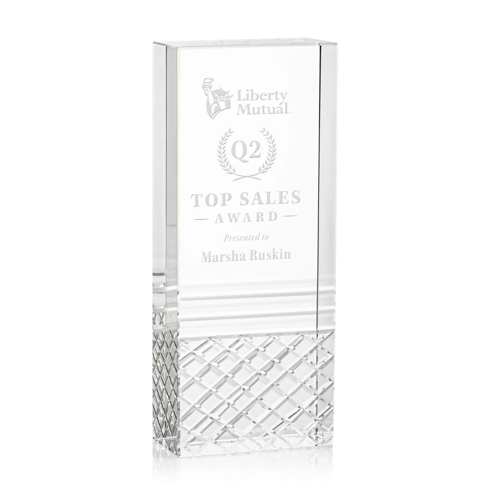 Custom Freestanding Optical Crystal Tower Award with Argyle-Pattern Base, awards for sales achievement awards