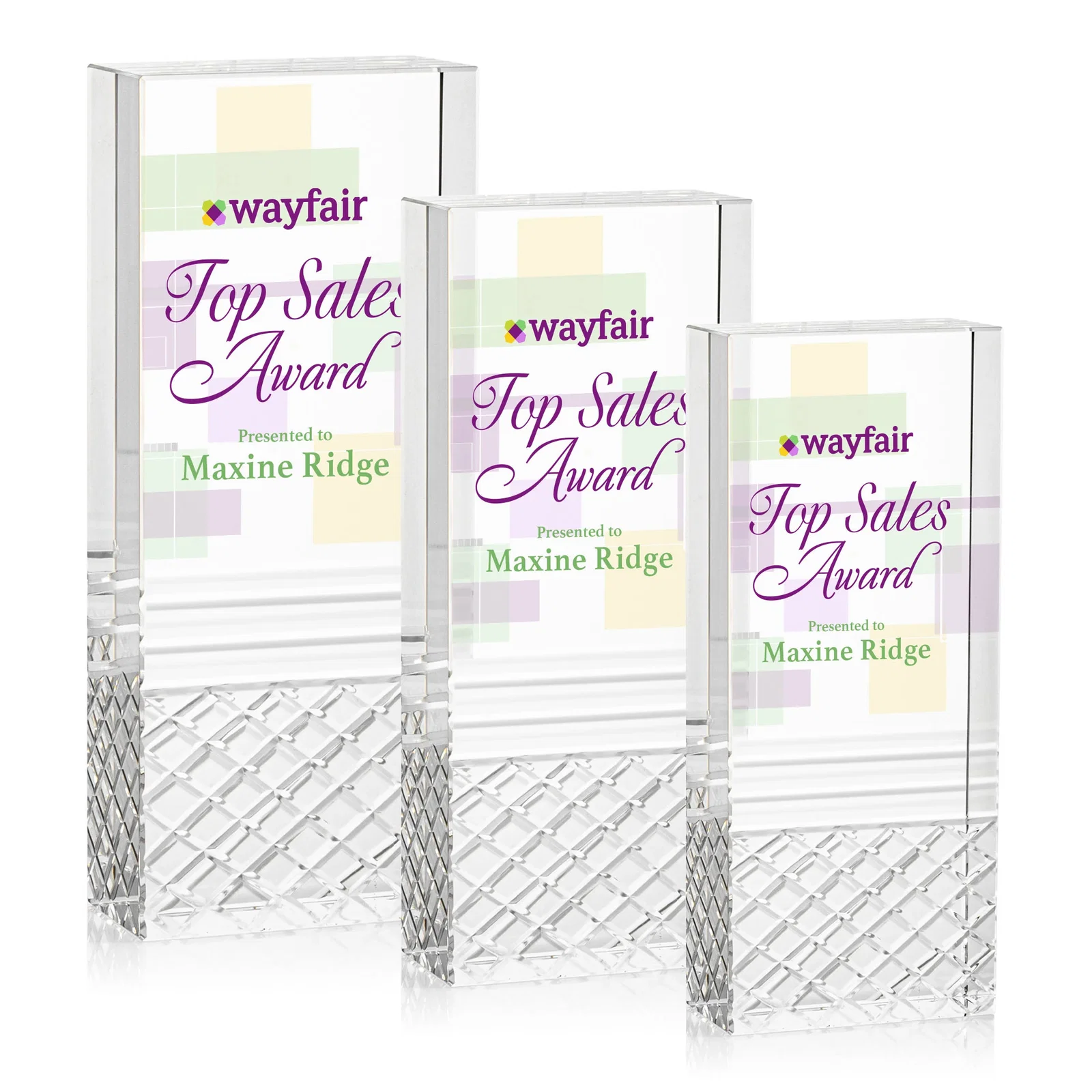 Custom Freestanding Optical Crystal Tower Award with Argyle-Pattern Base, awards for retirement presentations