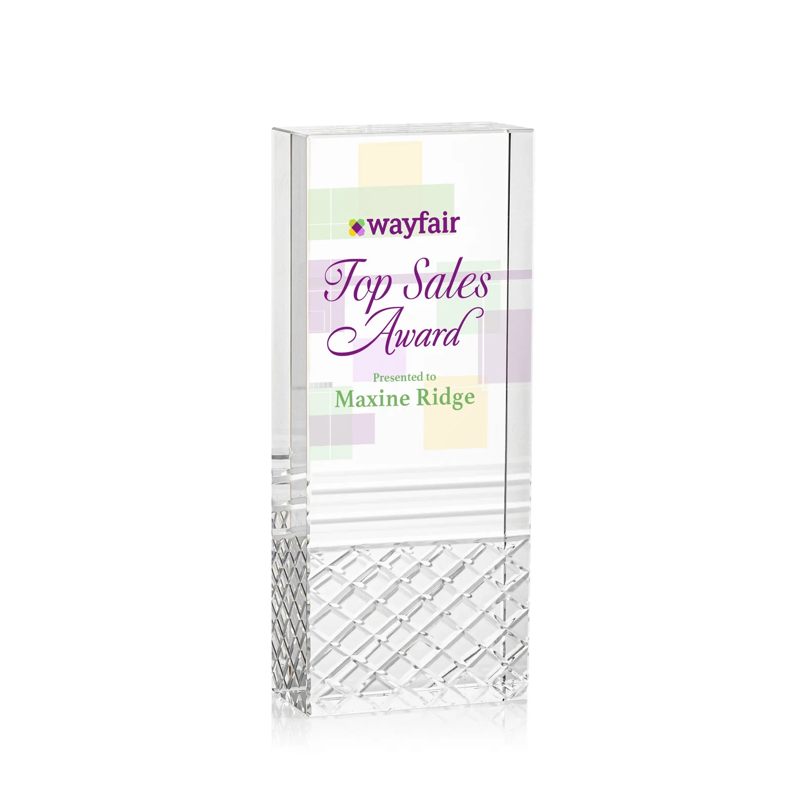 Custom Freestanding Optical Crystal Tower Award with Argyle-Pattern Base, awards for team milestone celebrations