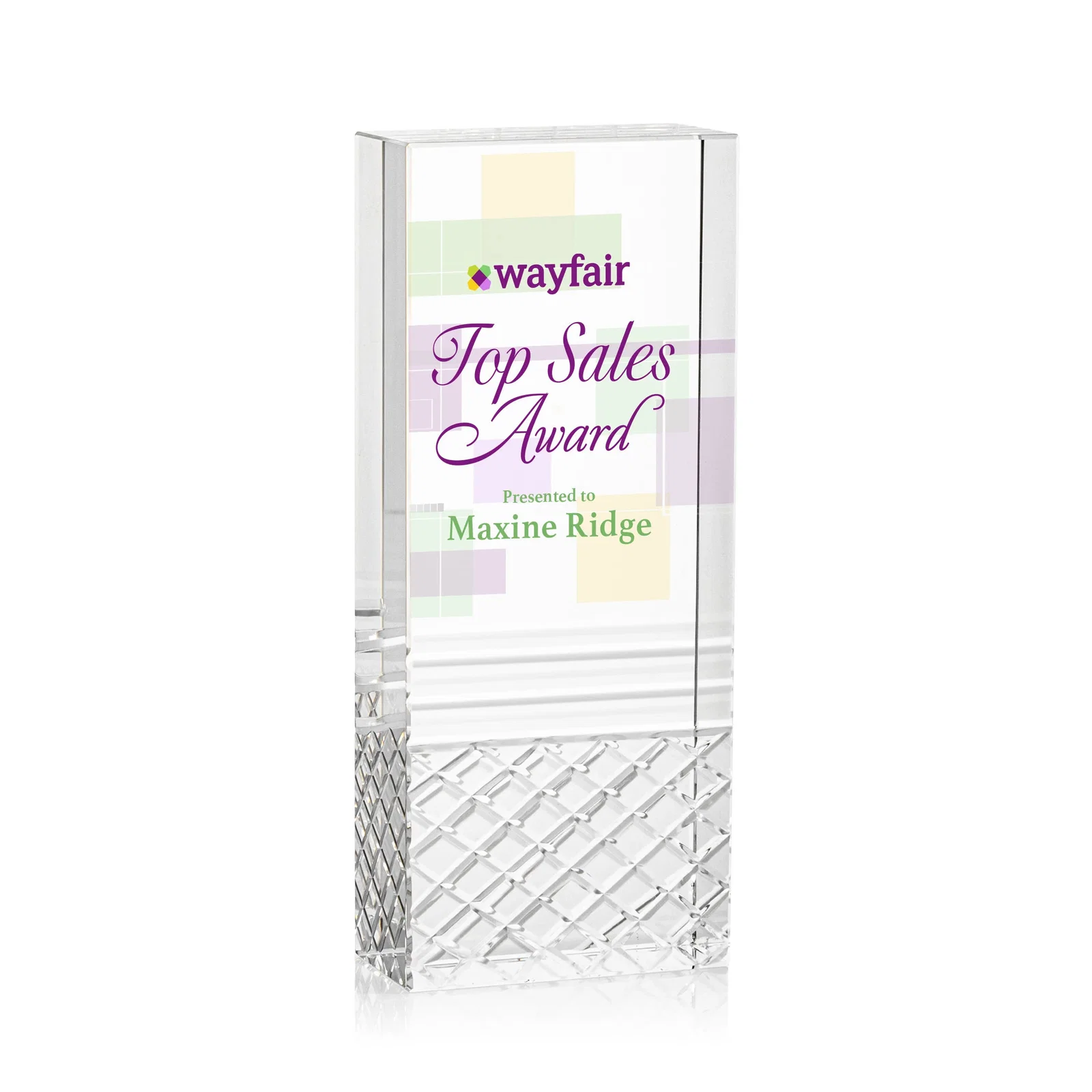 Custom Freestanding Optical Crystal Tower Award with Argyle-Pattern Base, awards for donor appreciation