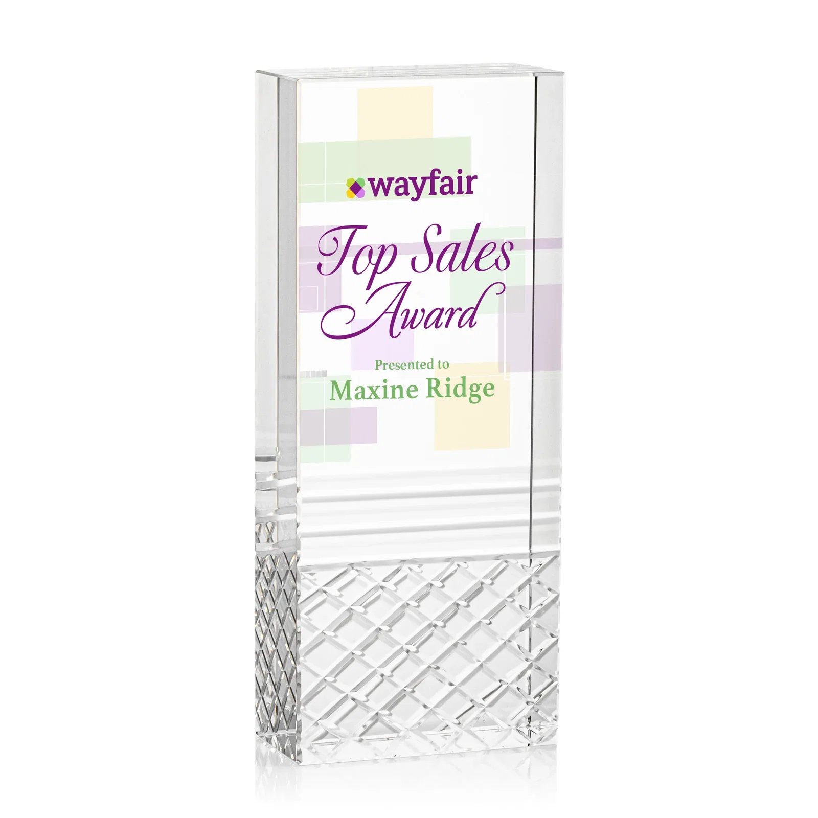Custom Freestanding Optical Crystal Tower Award with Argyle-Pattern Base, awards for graduation ceremonies