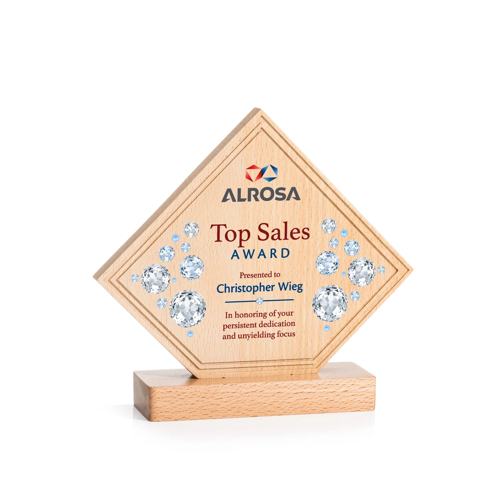 Custom Beechwood Diamond Award with Lined Groove Edge for volunteer appreciation