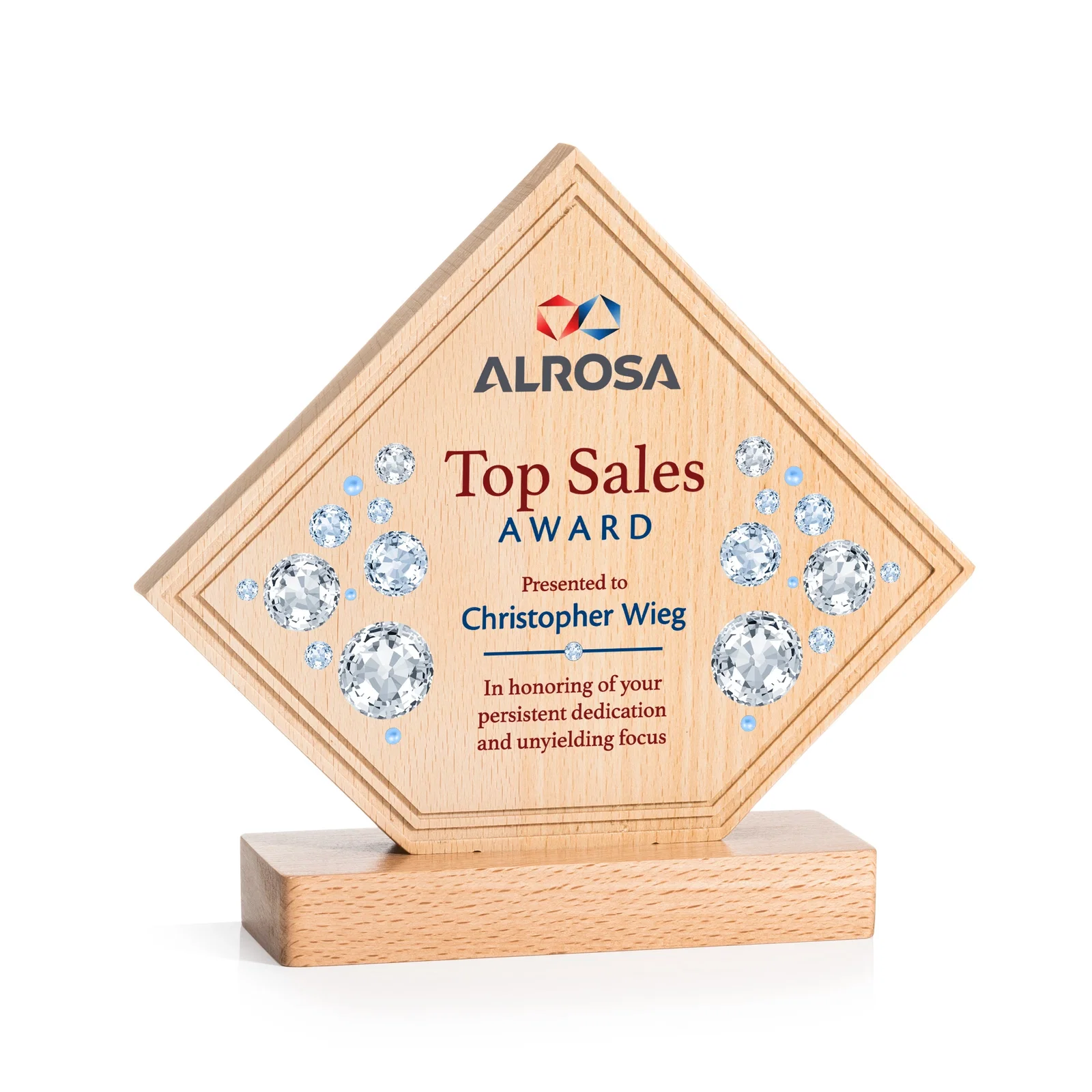 Custom Beechwood Diamond Award with Lined Groove Edge for dealer and partner awards