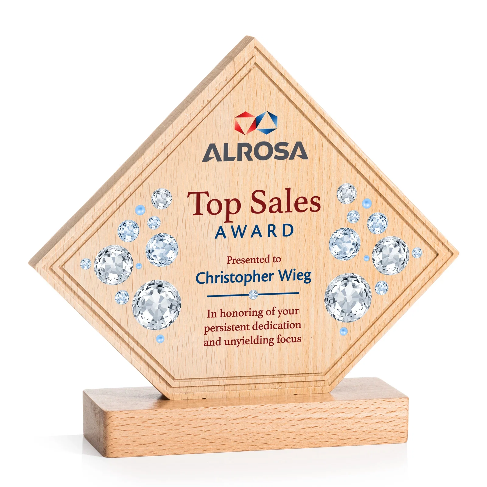 Custom Beechwood Diamond Award with Lined Groove Edge for company anniversary events
