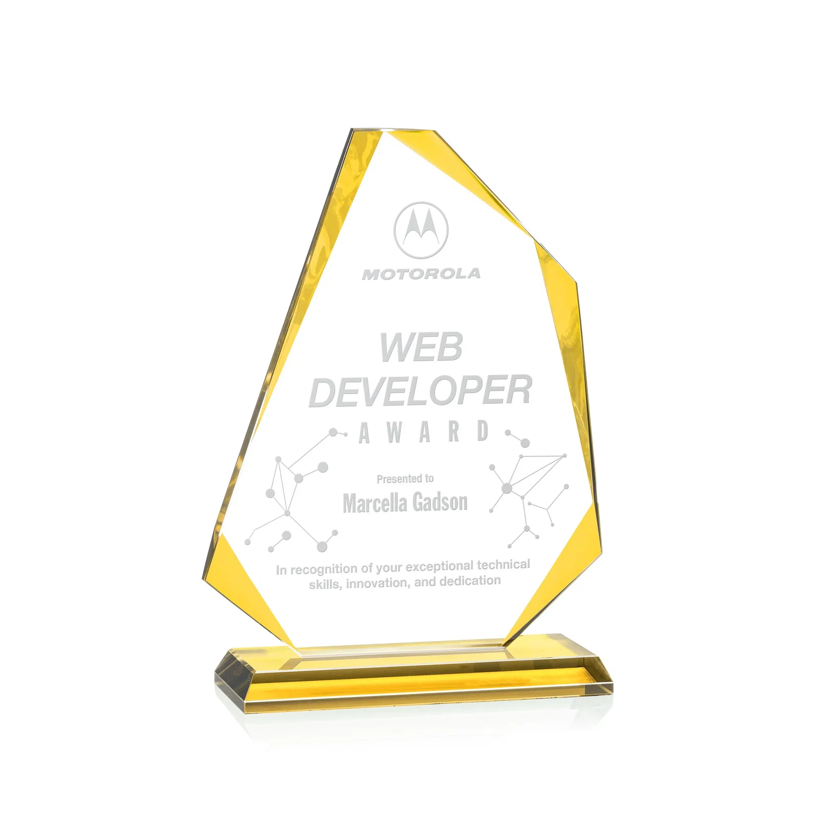 Custom Starfire Crystal Abstract Polygon Award with Colored Edges, awards for corporate award ceremonies