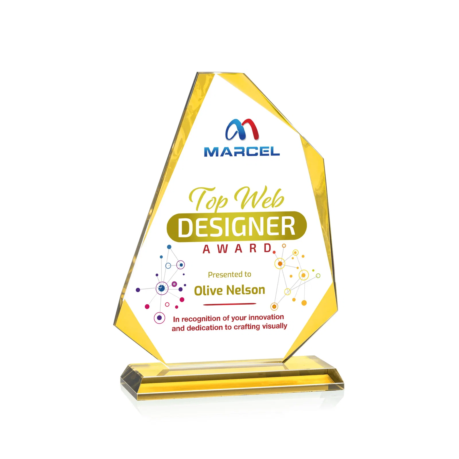 Personalized Starfire Crystal Abstract Polygon Award with Colored Edges, awards for donor appreciation