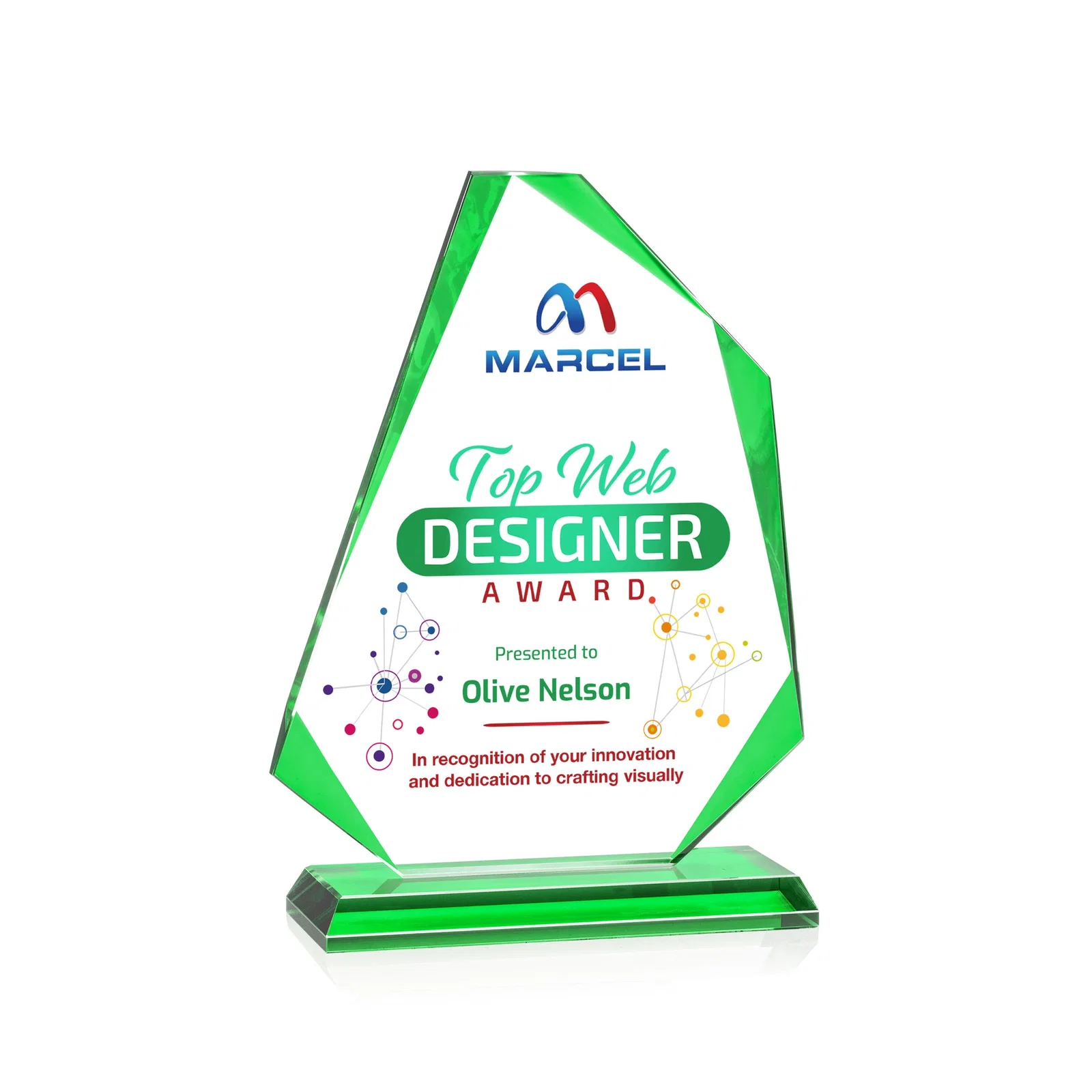 Personalized Starfire Crystal Abstract Polygon Award with Colored Edges, awards for dealer and partner awards