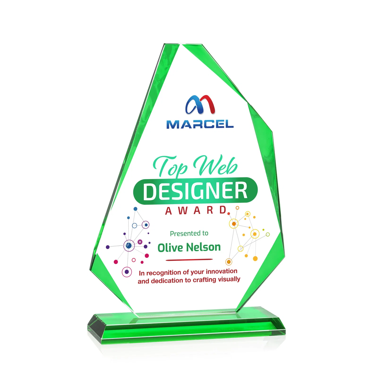 Personalized Starfire Crystal Abstract Polygon Award with Colored Edges, awards for company anniversary events