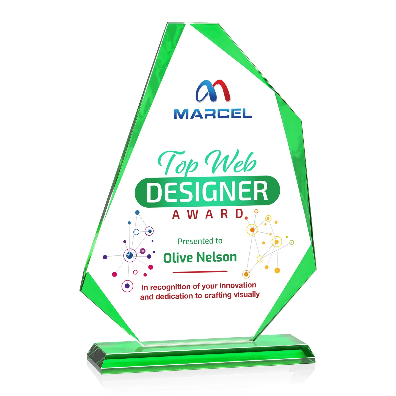 Promotional Starfire Crystal Abstract Polygon Award with Colored Edges, awards for employee recognition