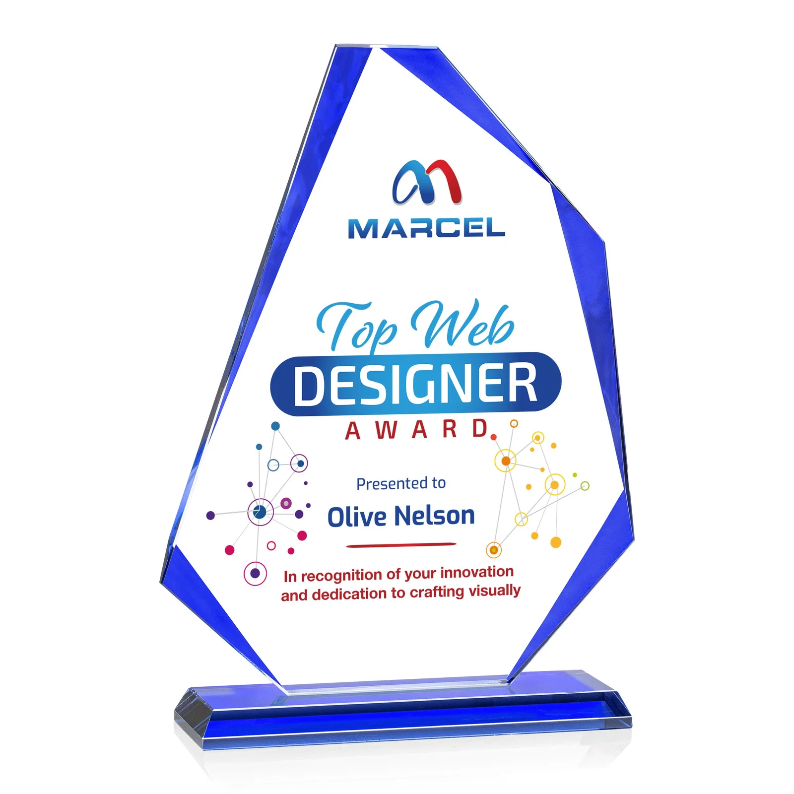 Promotional Starfire Crystal Abstract Polygon Award with Colored Edges, awards for retirement presentations