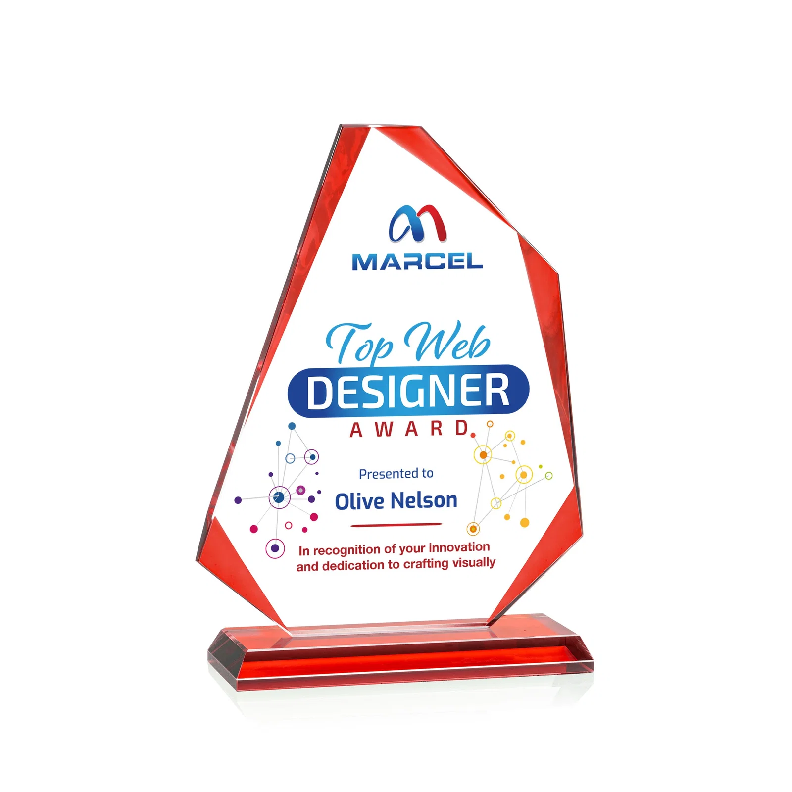 Promotional Starfire Crystal Abstract Polygon Award with Colored Edges, awards for donor appreciation
