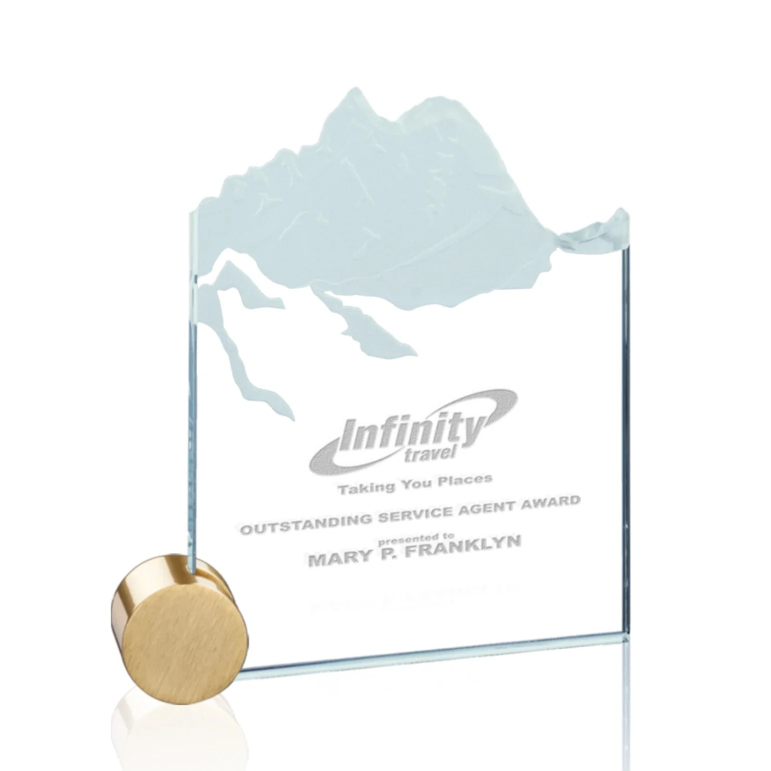 Custom Jade Glass Award With Mountain Relief On An Aluminum Disk Base for corporate award ceremonies