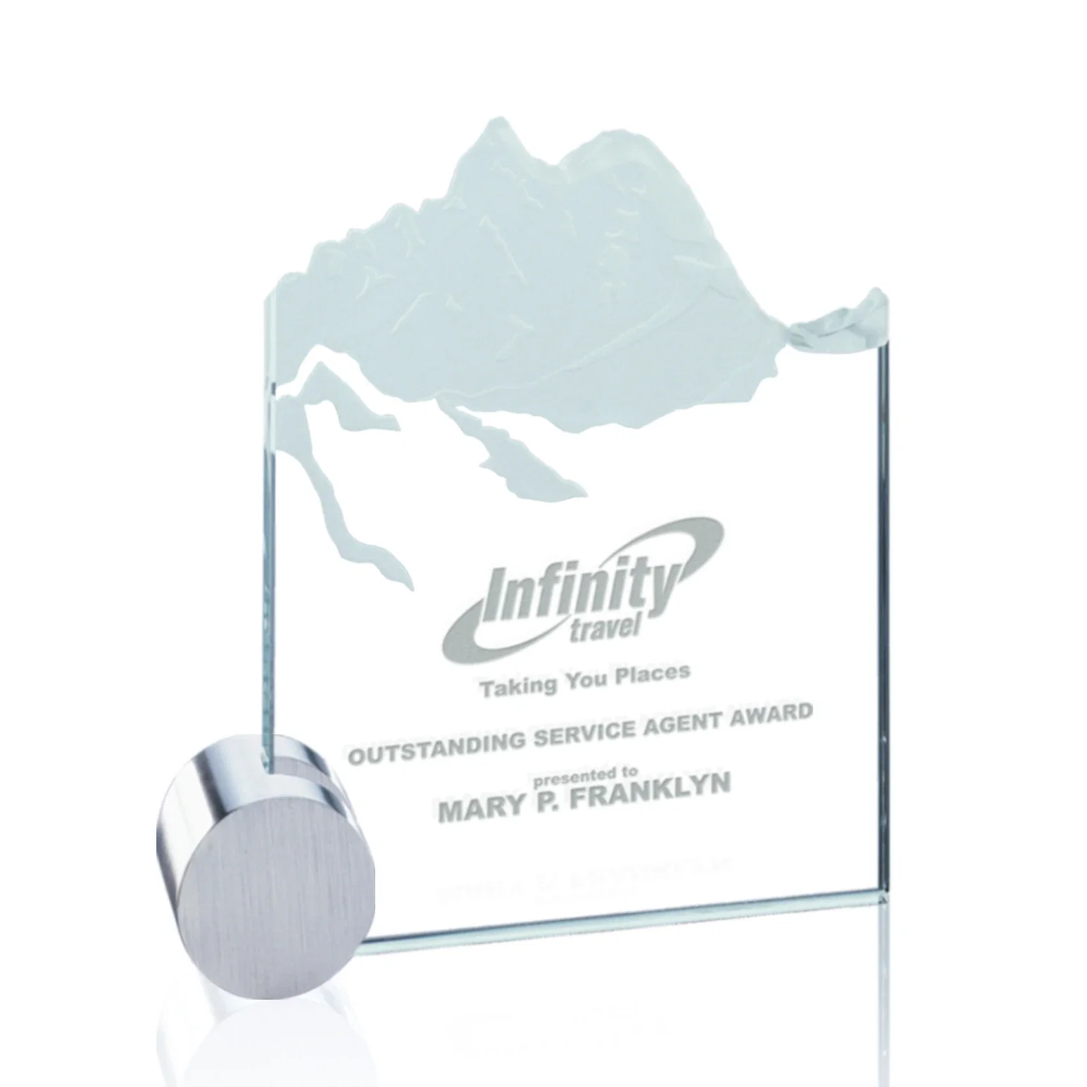 Custom Jade Glass Award With Mountain Relief On An Aluminum Disk Base for service anniversary gifts