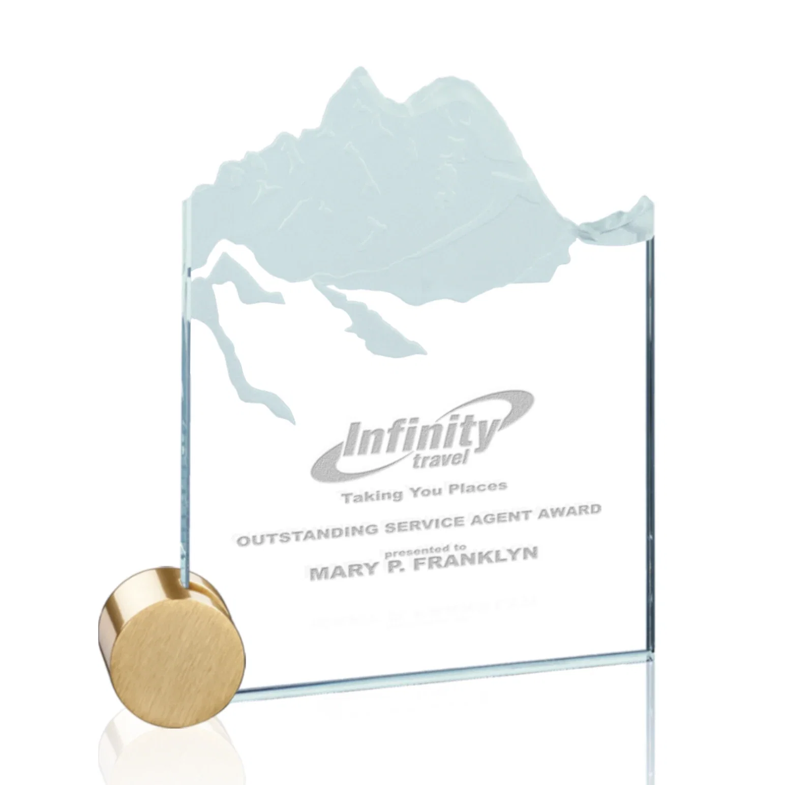 Custom Jade Glass Award With Mountain Relief On An Aluminum Disk Base for sales achievement awards