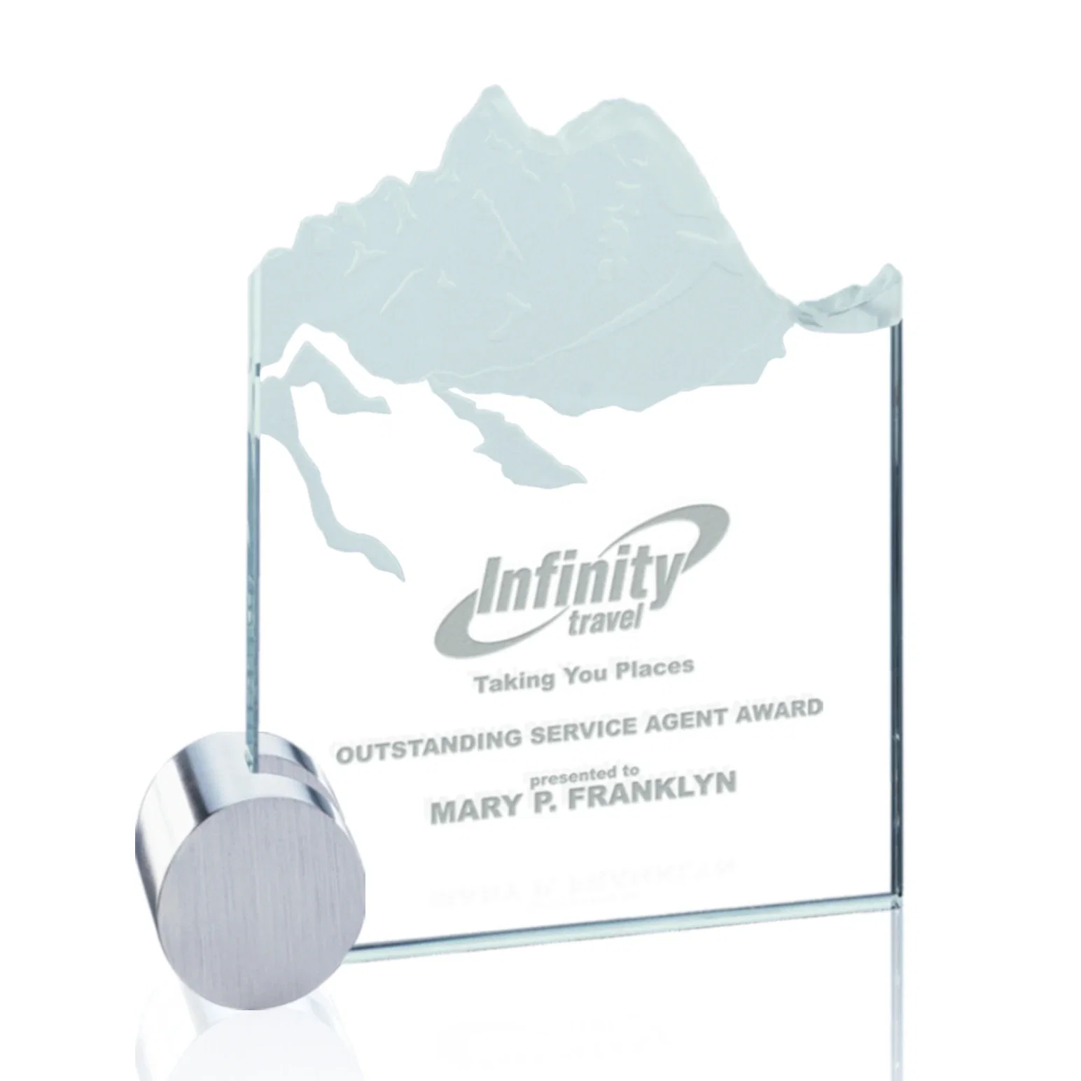 Custom Jade Glass Award With Mountain Relief On An Aluminum Disk Base for retirement presentations