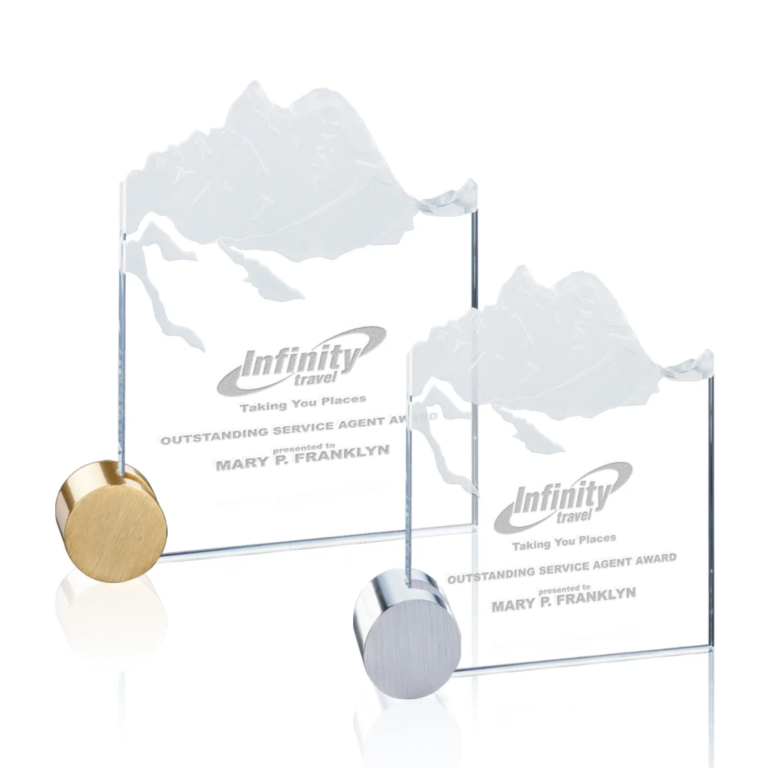 Custom Starfire Crystal Award with Mountain Relief on Aluminum Corner Disk for employee recognition